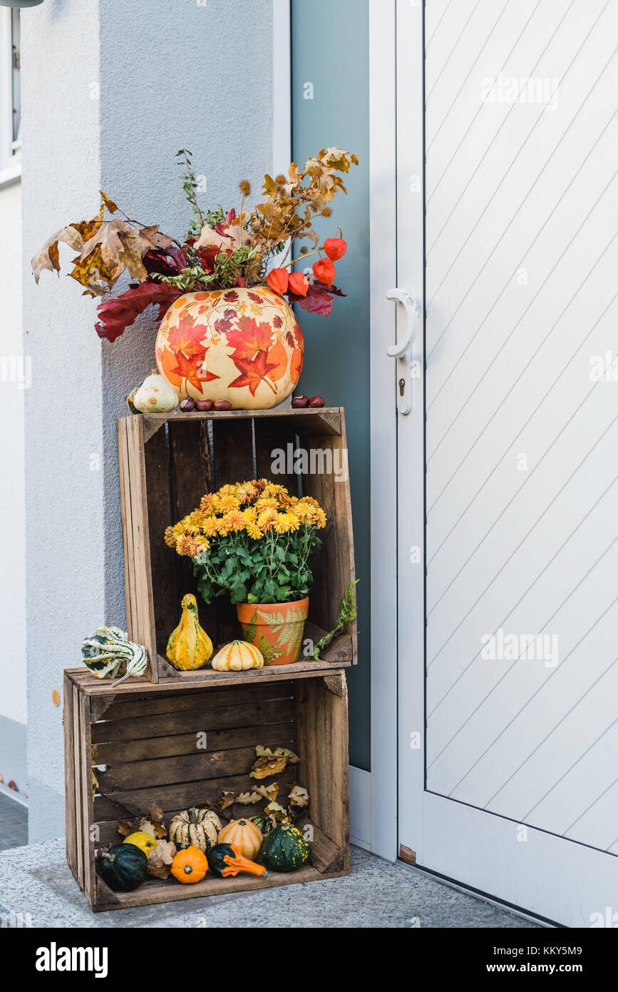 Eingang, Holzkisten, herbstliche Dekoration, Kürbisse, Blumen Stockfotografie