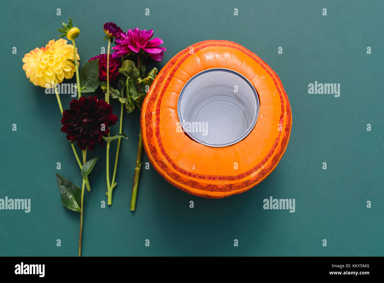 Kürbis, hohl, Zinn, Blumen, Stillleben Stockfoto