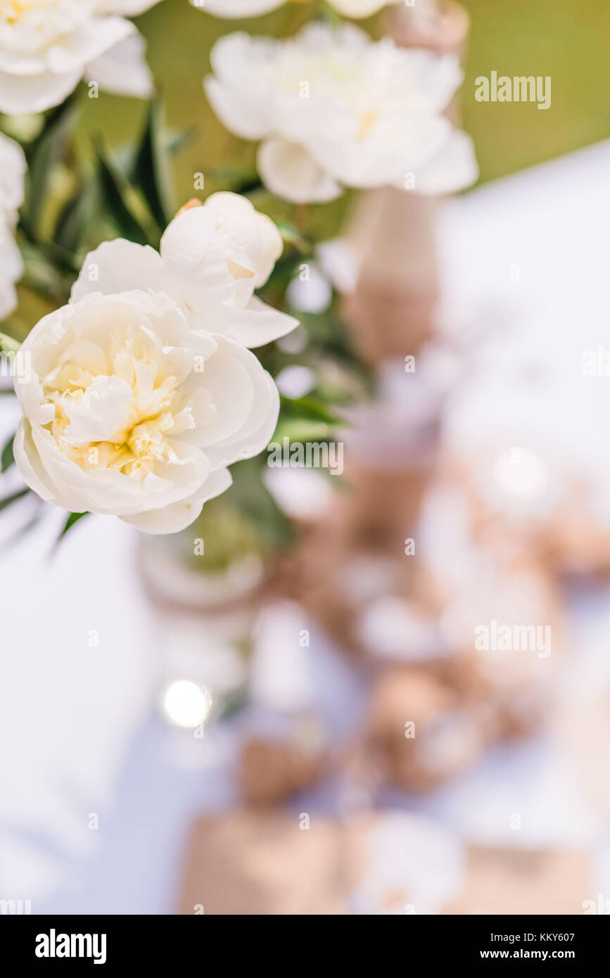 Gartentisch, Ostern Dekoration, Blumen, Detail, Blur, Stockfoto