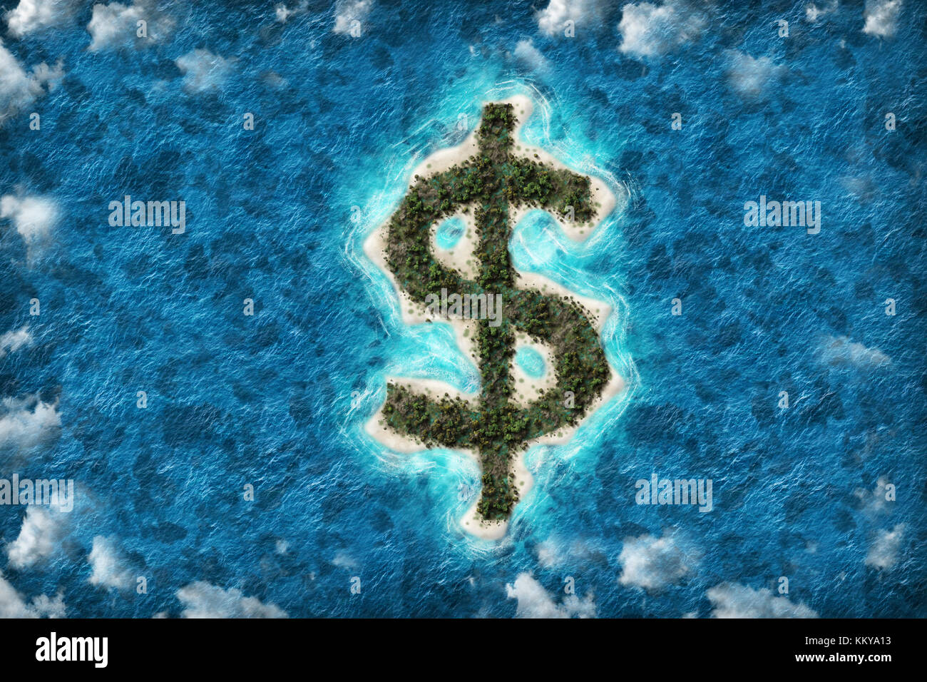 Steuerparadies finanzielle oder Reichtum Steuerhinterziehung auf einem US-Dollar geformte Insel. Stockfoto