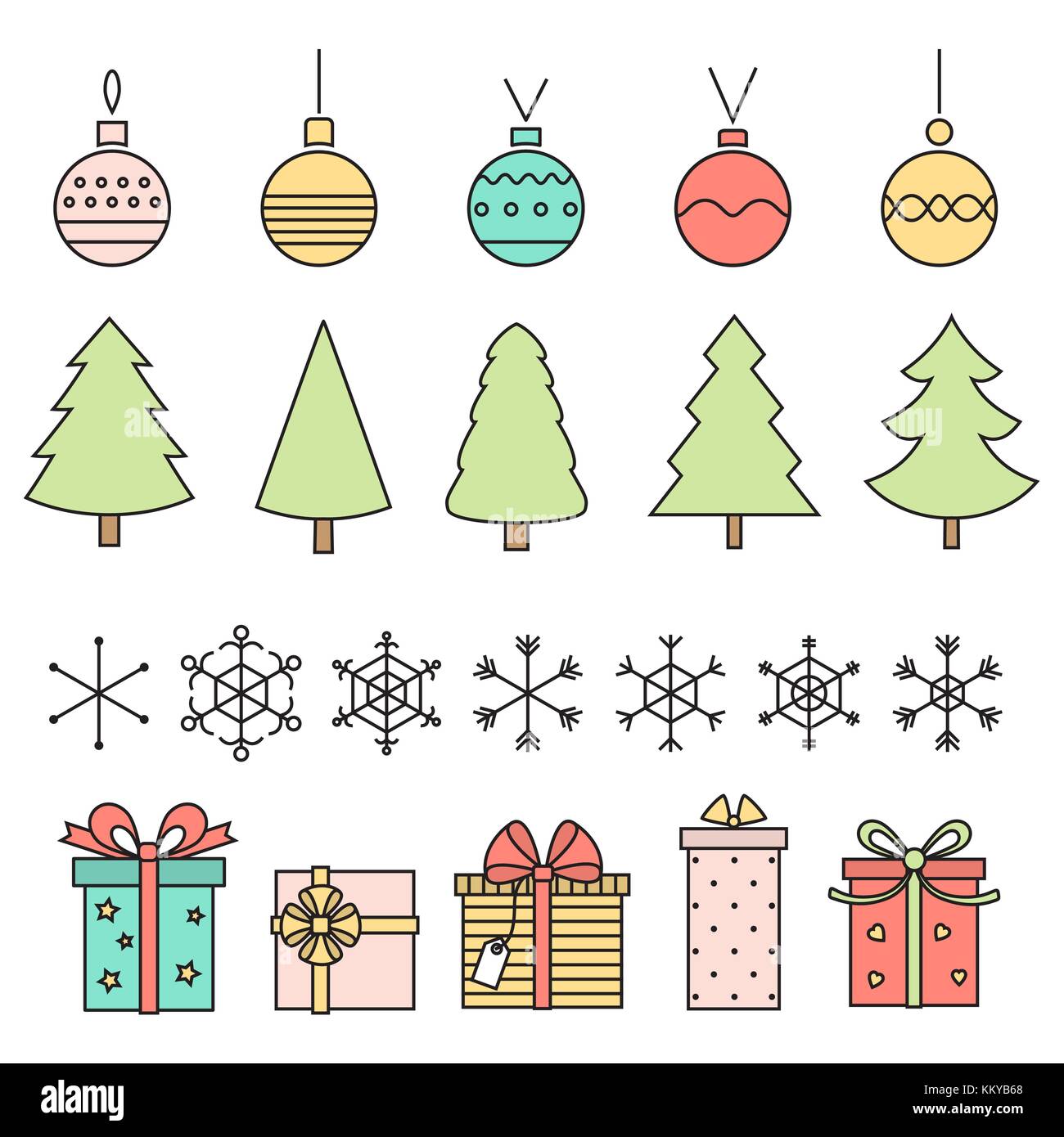 Line Art Weihnachten Symbole. Bäume, Bälle, Schneeflocken und Geschenke auf Weiß. Vektor. Stock Vektor