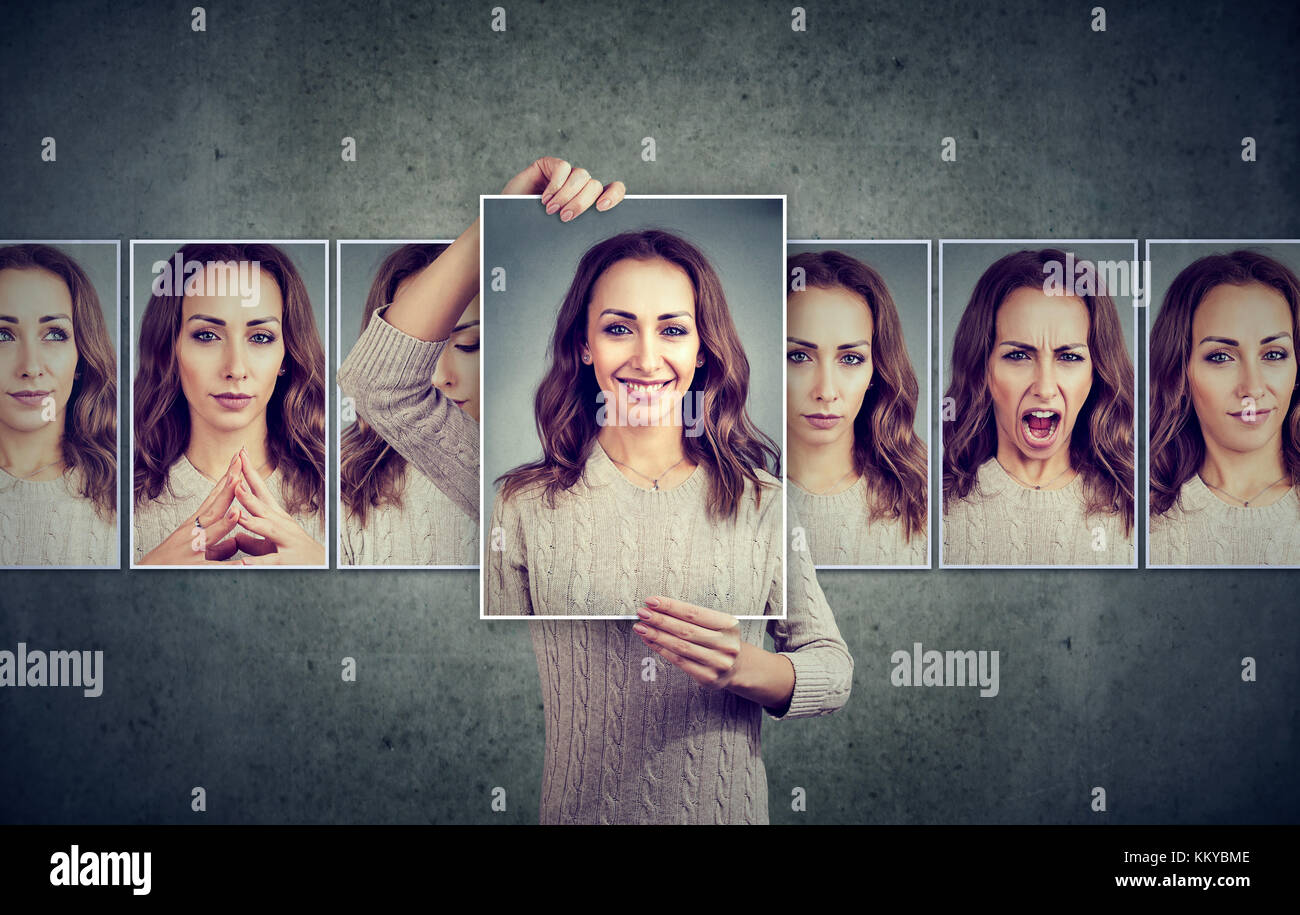 Maskierte Frau verschiedene Emotionen ausdrücken Stockfoto