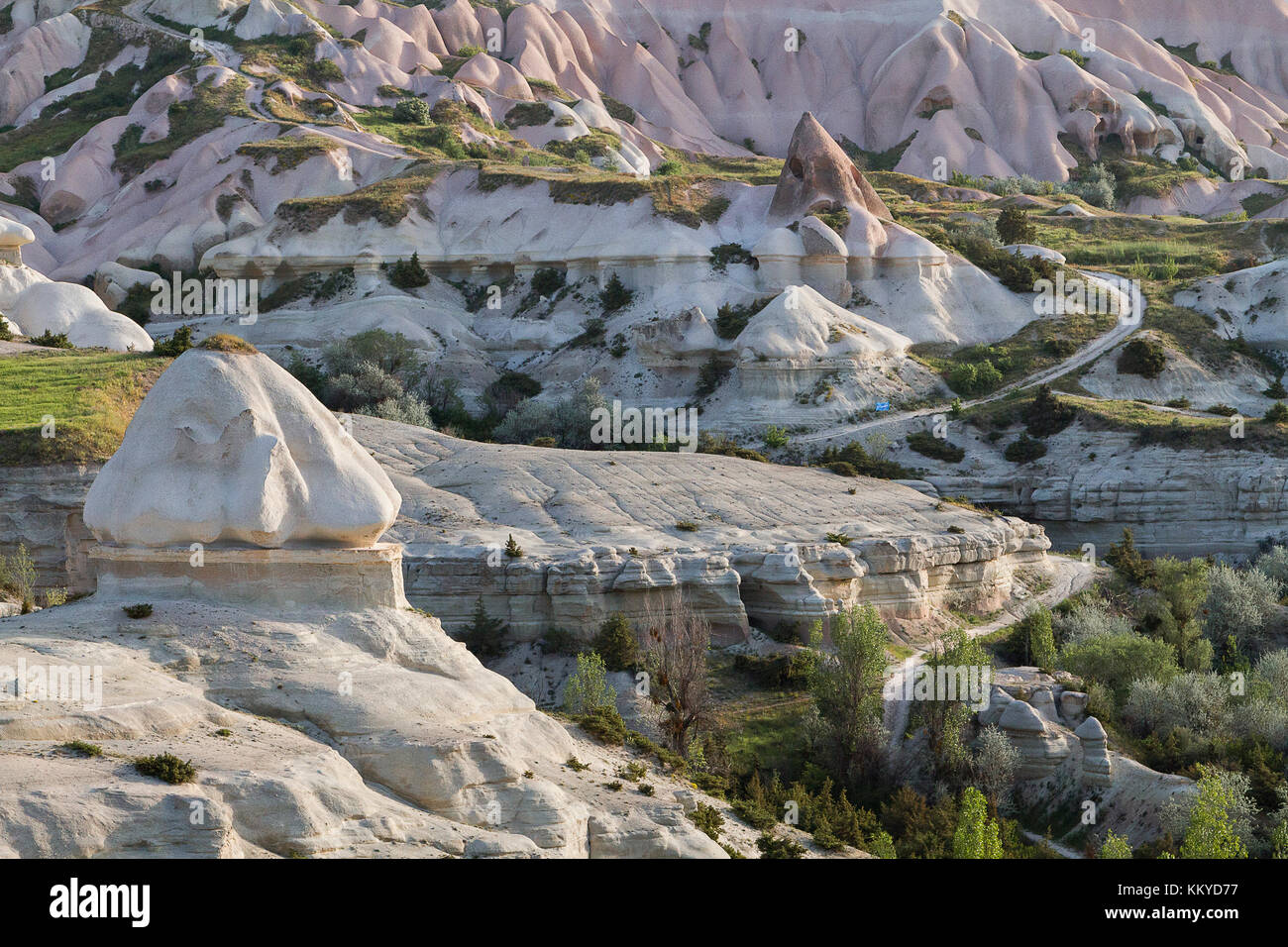 Vulkanische Landschaft mit Tuffstein Felsformationen, in Kappadokien, Türkei. Stockfoto