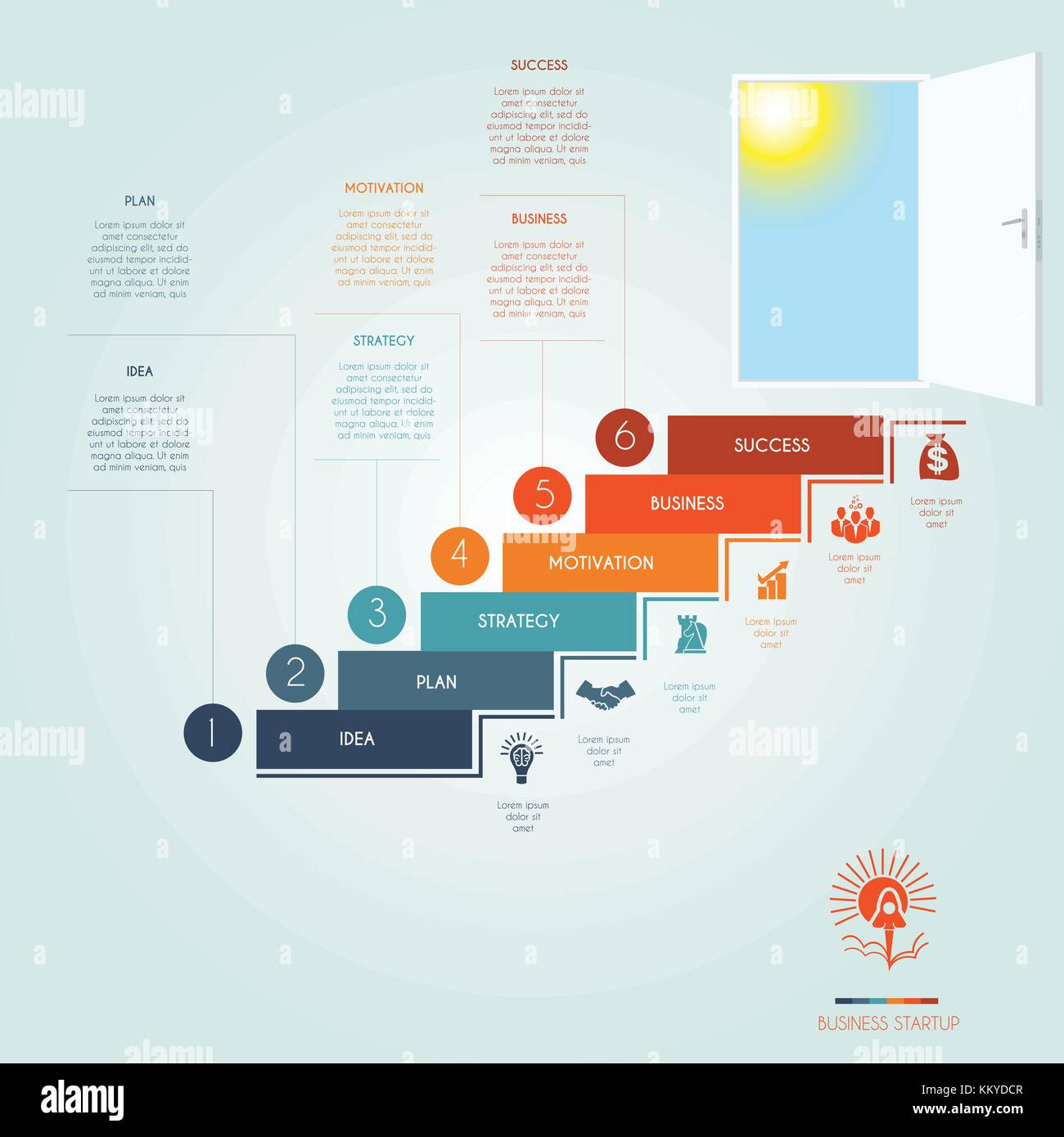 Konzeptuelle Infografiken steigen die Treppe hinauf zur offenen Tür. Start des Unternehmenserfolgs. Vorlage 6 Positionen, für Workflow, Banner, Diag Stock Vektor