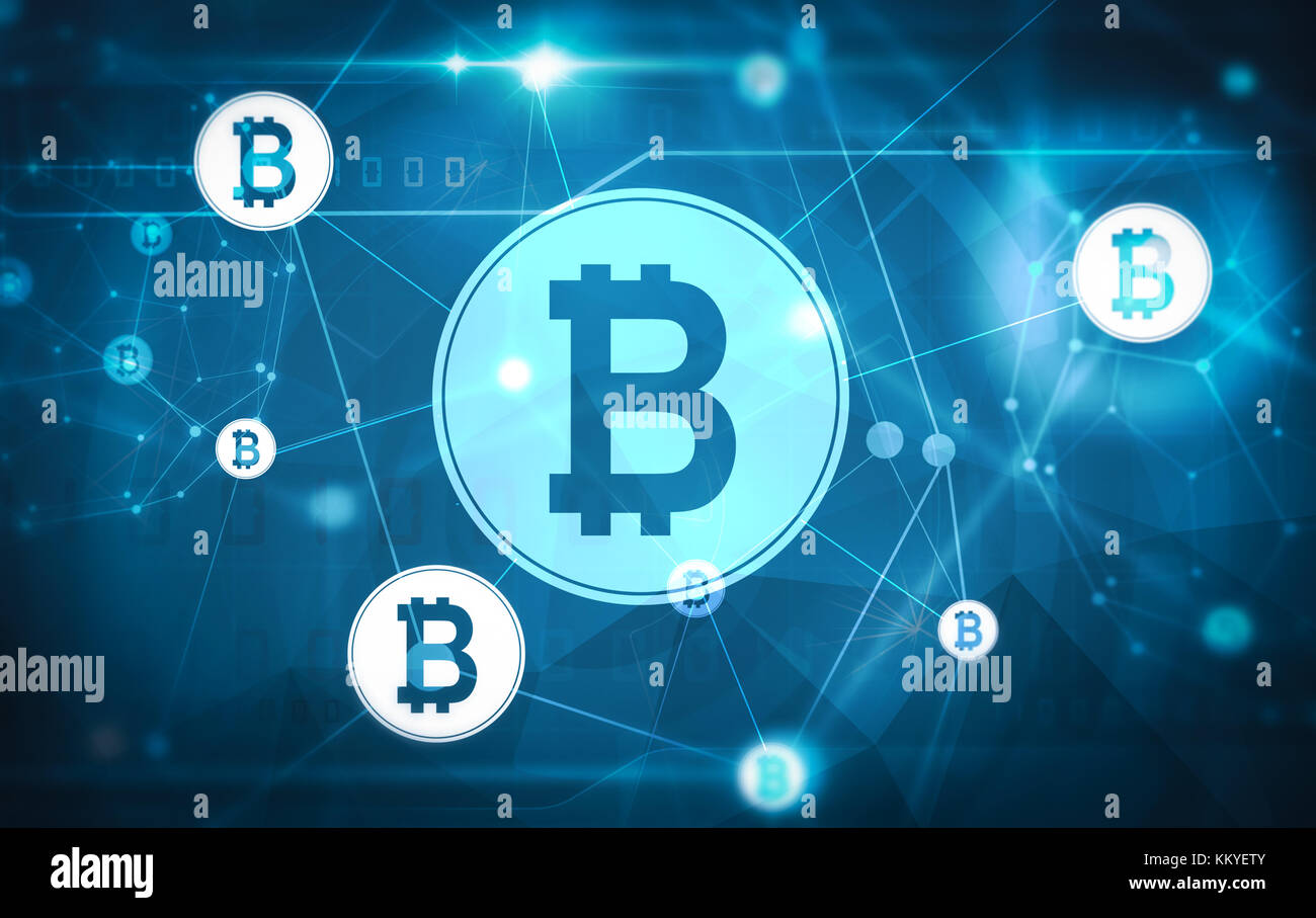 Bitcoin Netzwerk Abbildung mit dunkelblauem Hintergrund Stockfoto