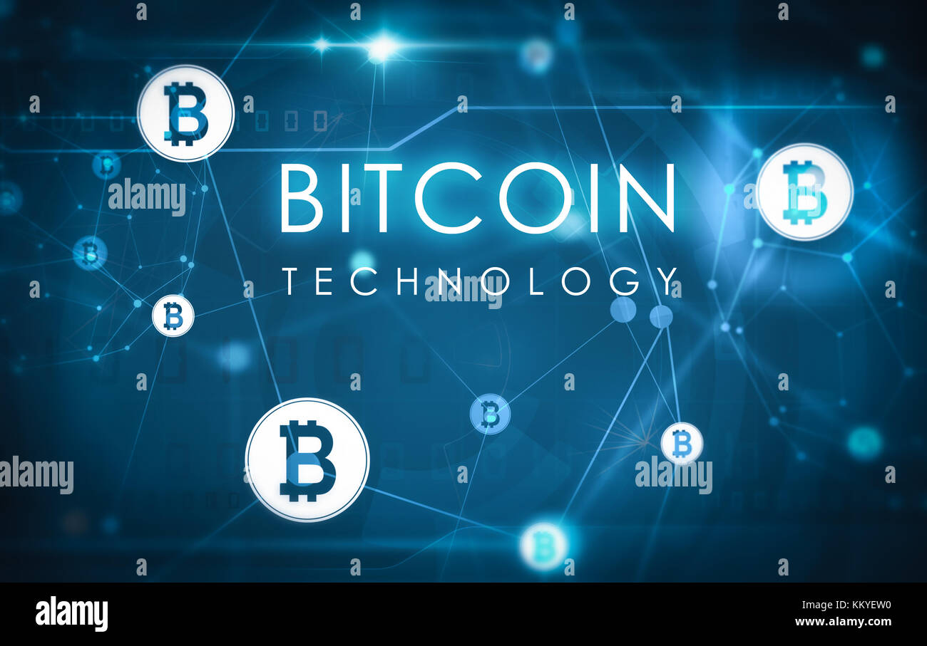 Bitcoin Technologie Abbildung mit dunkelblauem Hintergrund Stockfoto