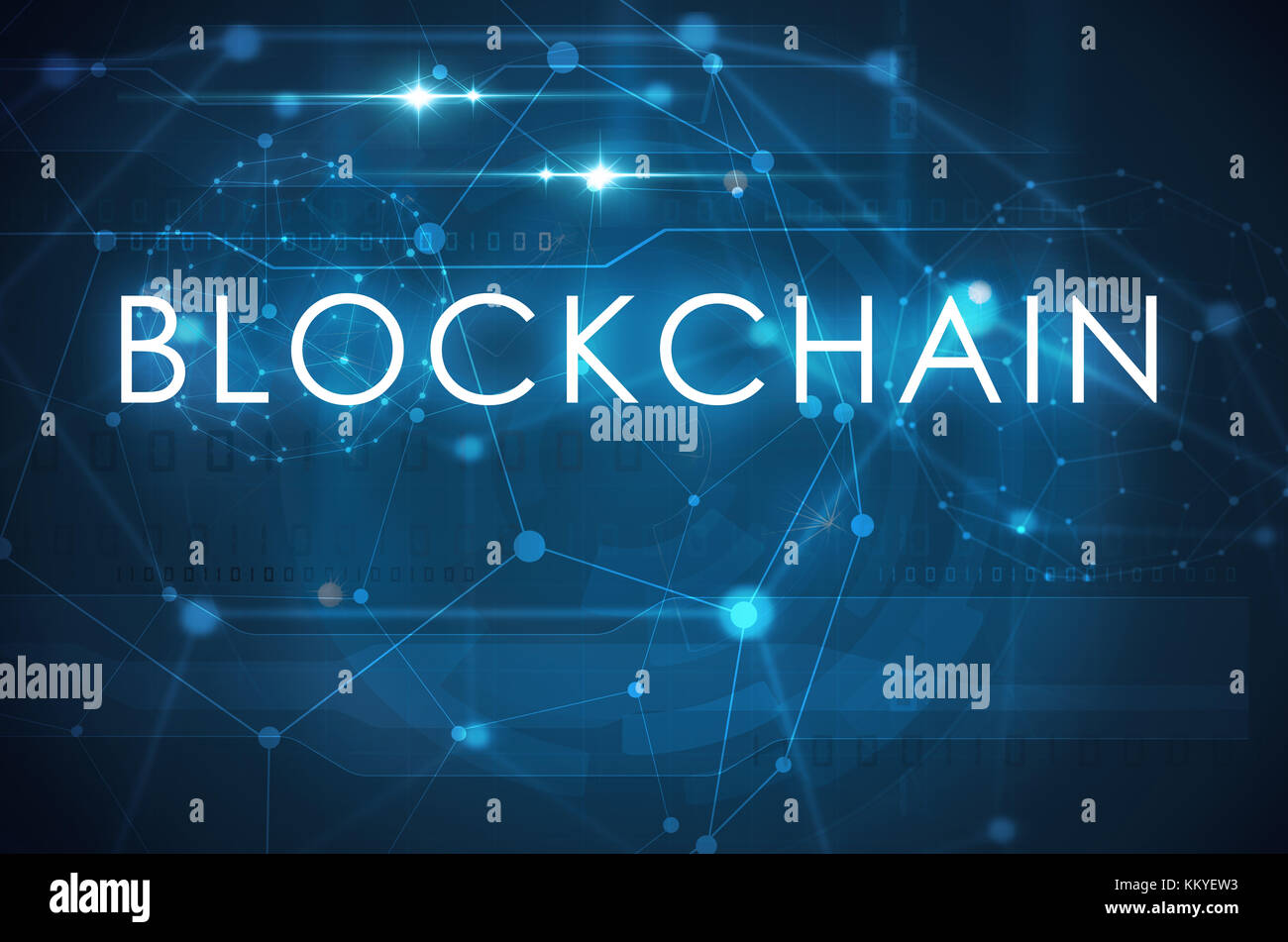 Blockchain text und Blue Matrix Netzwerk Stockfoto