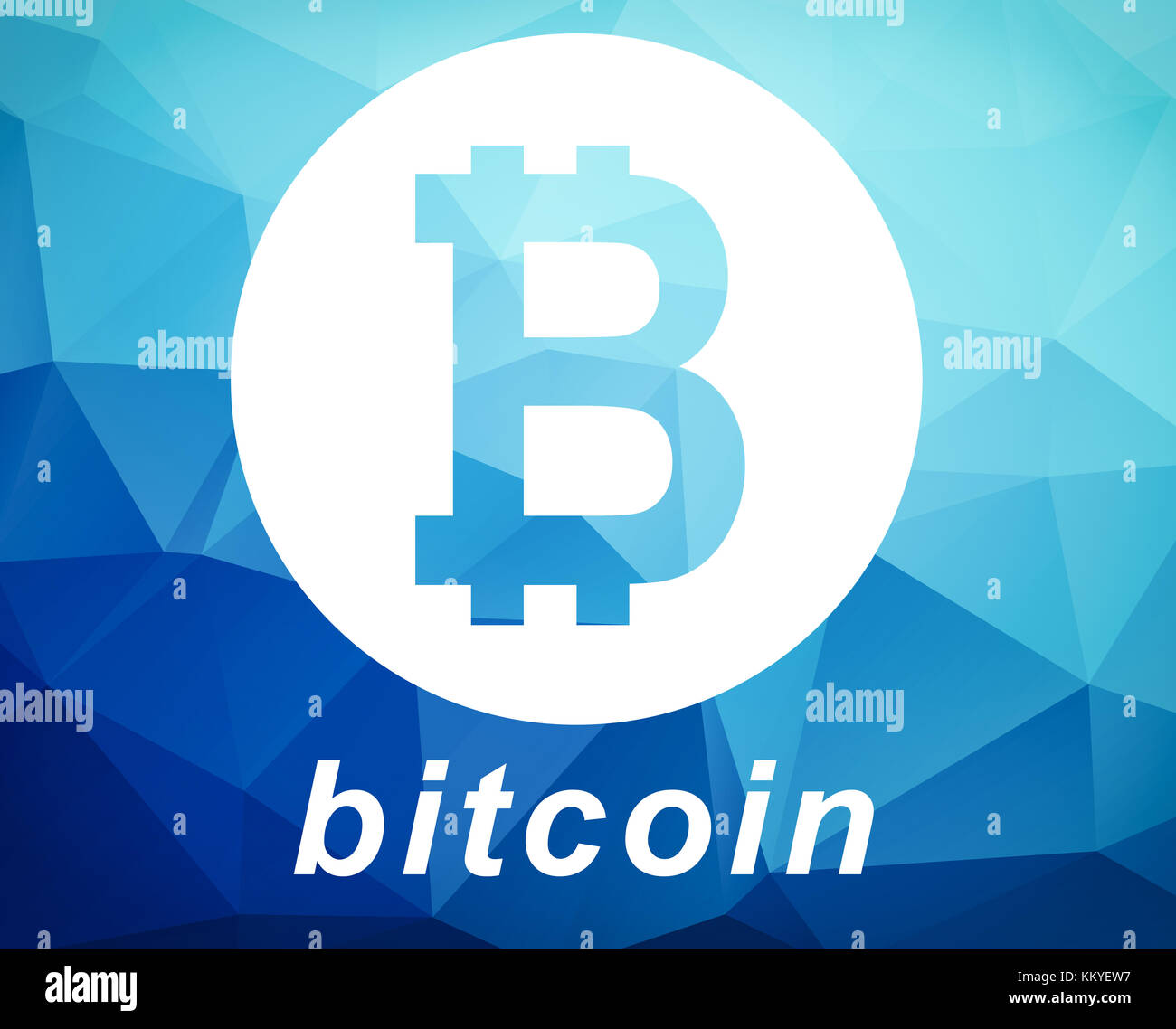 Bitcoin-Symbol. Bitcoin-Taste auf blauem Hintergrund mit niedrigem Poly. Stockfoto