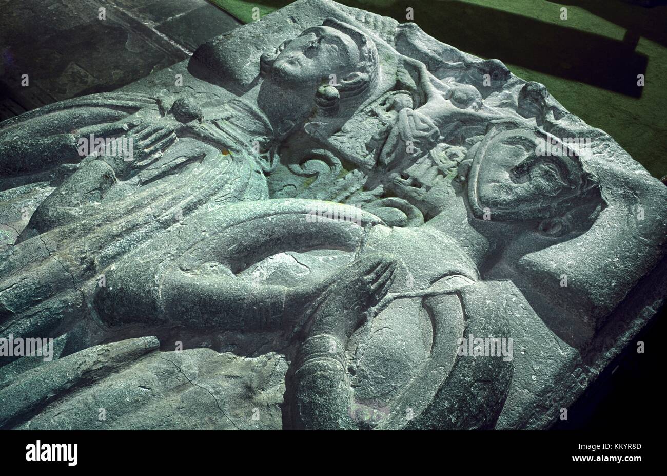 14 c Stein Grab von Walter und Christine aubrey Im havard Kapelle der Kathedrale von brecon, Powys, Wales, Großbritannien Stockfoto
