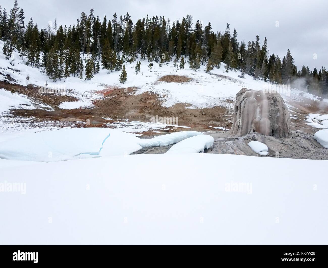 Schnee bedeckt die Lone Star Geysir im Yellowstone National Park im Winter Januar 19, 2017 in Wyoming. (Foto von Diane renkin über planetpix) Stockfoto