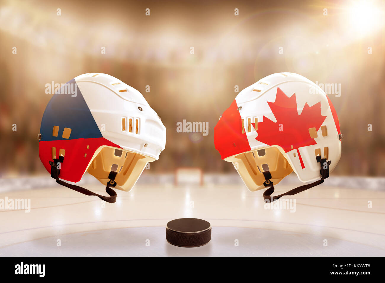 Low Angle View hockey Helme mit der Tschechischen Republik und Kanada Flaggen gemalt und Hockey Puck auf dem Eis in hell erleuchteten Stadion Hintergrund. Konzept der in Stockfoto