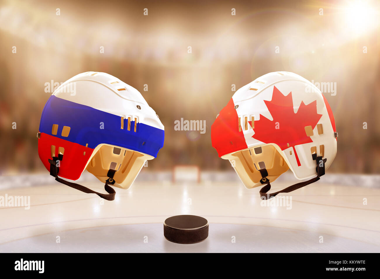 Low Angle View hockey Helme mit Kanada und Russland Fahnen bemalt und Hockey Puck auf dem Eis in hell erleuchteten Stadion Hintergrund. Konzept der intensiven Ri Stockfoto