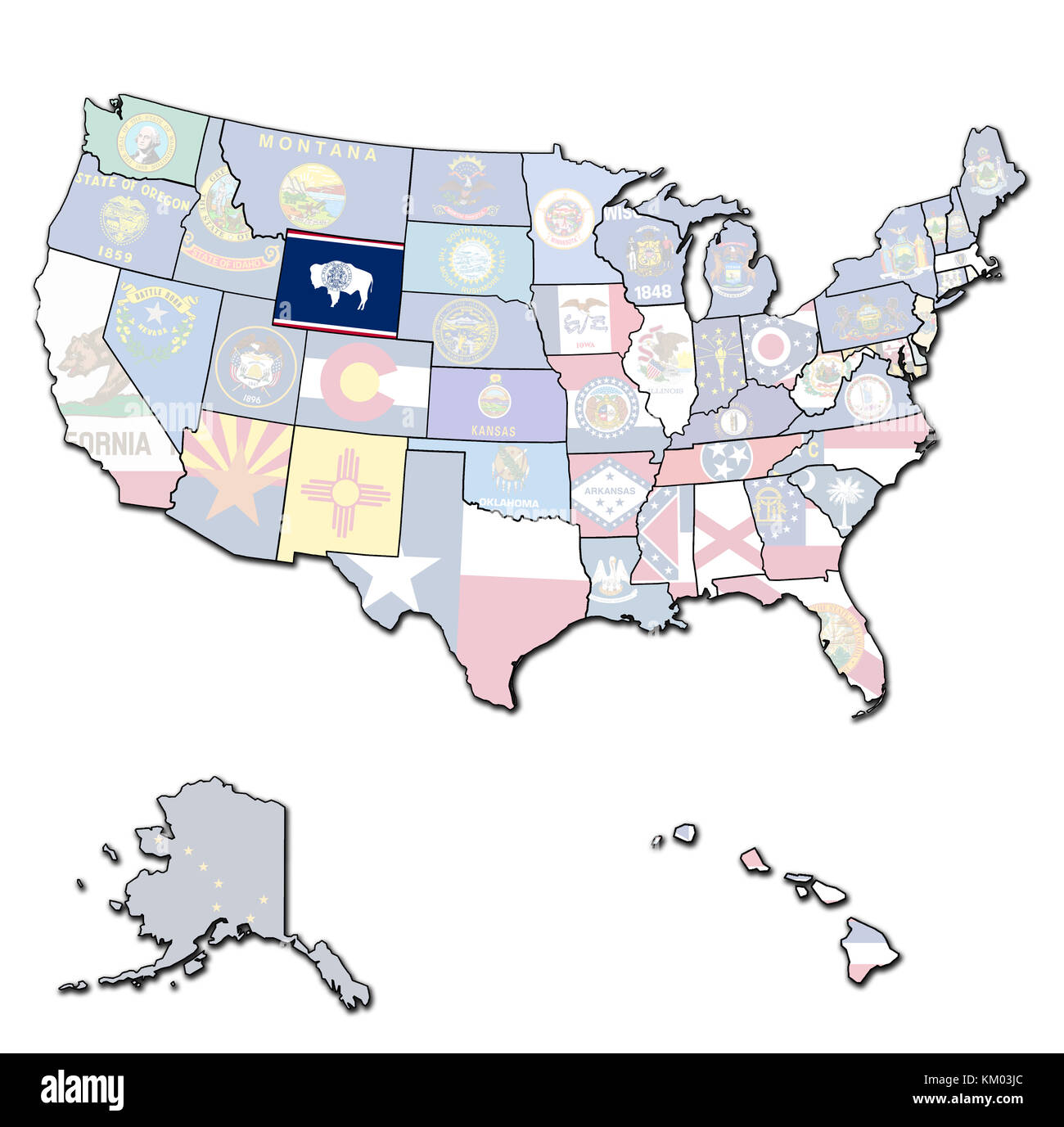 Wyoming auf isolierte Karte der Vereinigten Staaten von Amerika mit Staatsgrenzen Stockfoto