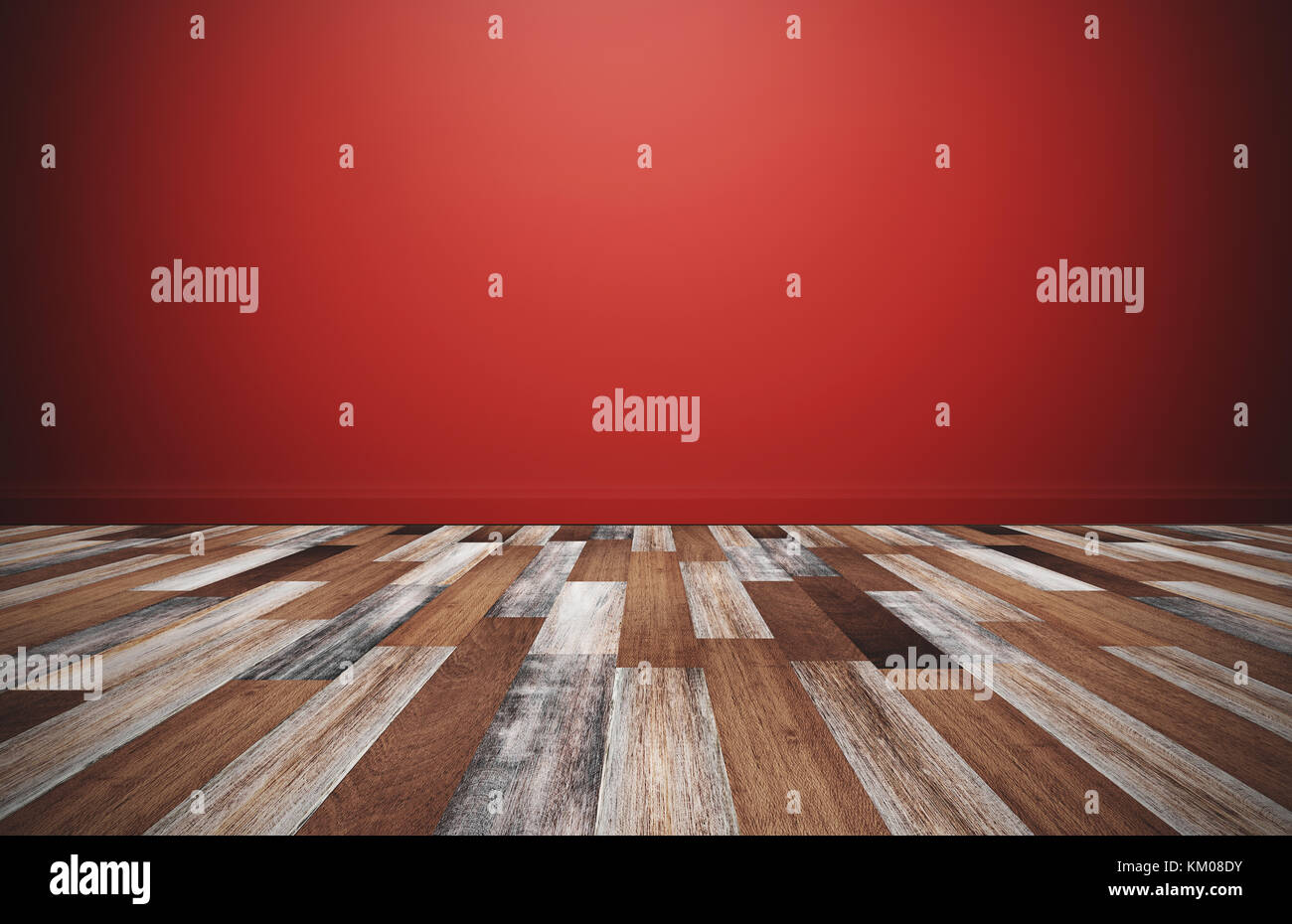 Bodenplatte aus Holz mit roten Wand, leeren Raum für Hintergrund Stockfoto