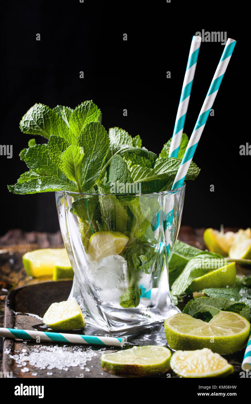 Zutaten für Mojito (frische Minze, Limes, Eis, Zucker) in Glas mit Retro cocktail Rohre über Schwarz. siehe Serie Stockfoto