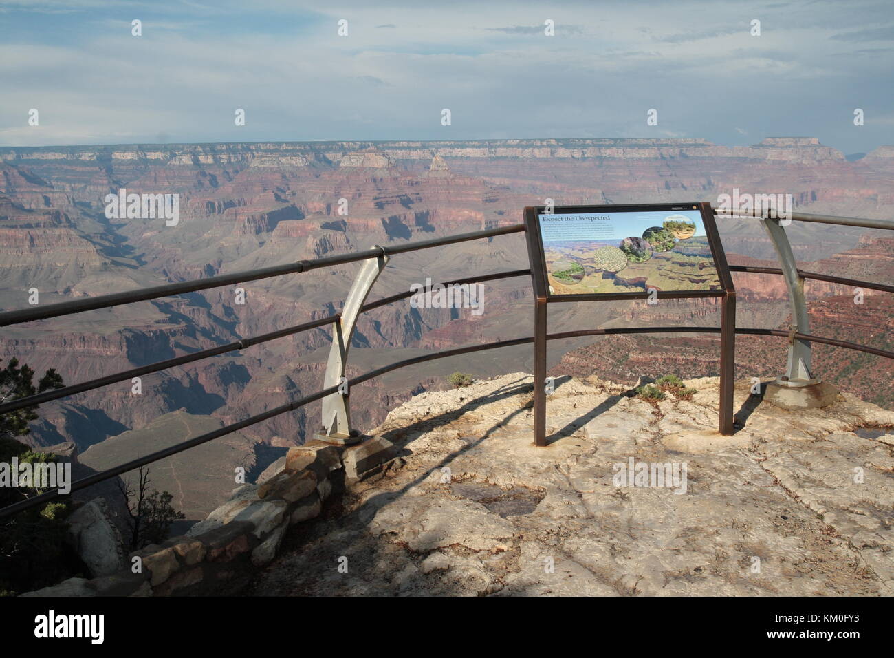 Grand Canyon South Rim übersehen. Terrasse mit informativen Zeichen für Besucher. Hintergrund oder Tapete mit Copyspace. Stockfoto