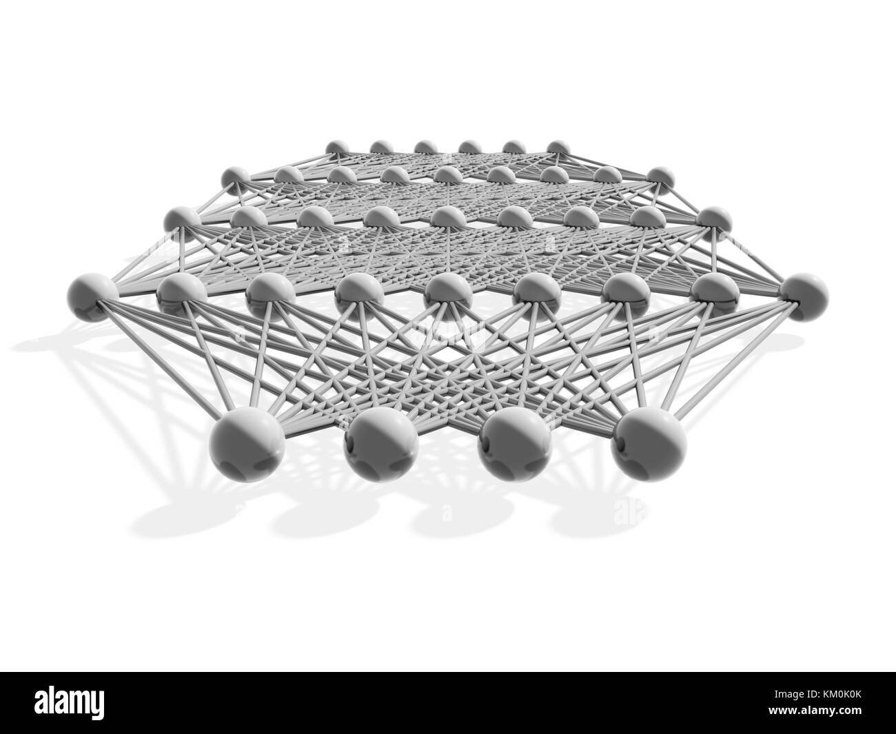Künstliche tiefe neuronale Netzstruktur, graues Metallic-Modell isoliert auf weiß, 3D-Illustration Stockfoto