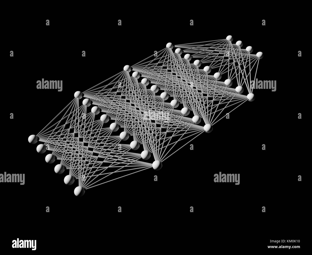 Künstliche tiefe neuronales Netz, schematisches Modell auf schwarz, 3D-Render isoliert Stockfoto