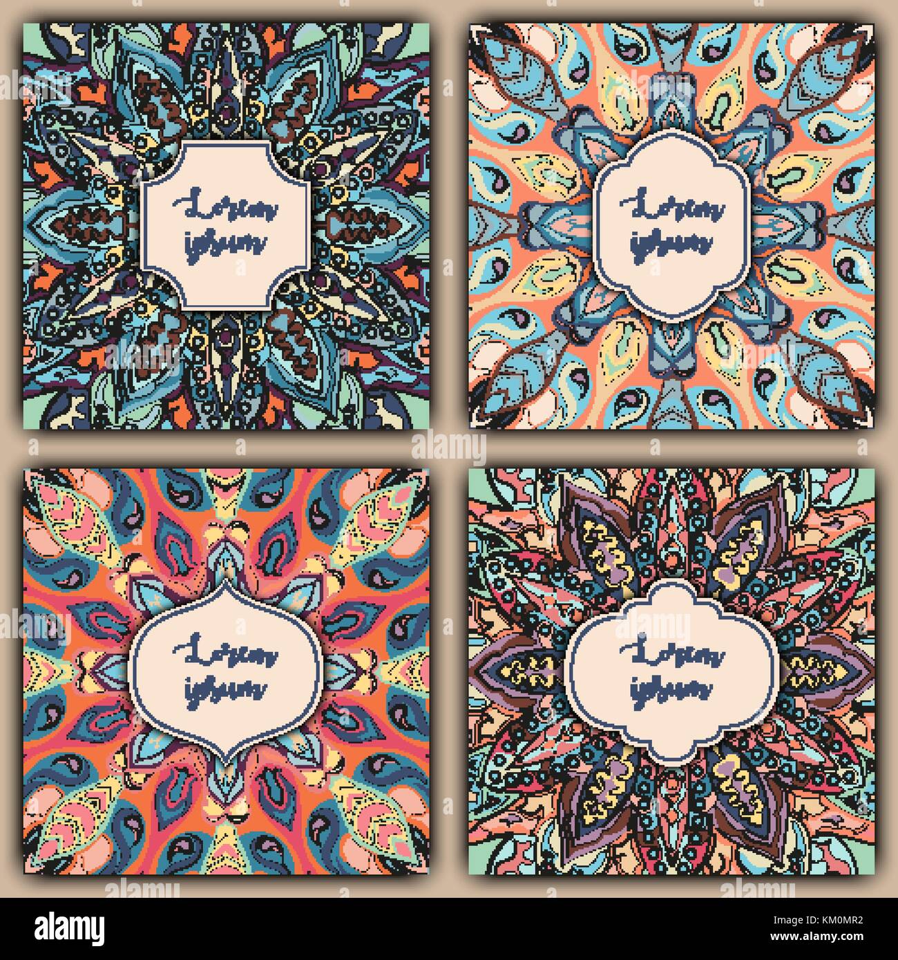 Satz von Mandala Hintergrund Karten. Vintage Elemente. Vektor dekorative retro Grußkarte oder Einladung Design. Stock Vektor Satz von Mandala Hintergrund Karten. Vintage Elemente. Vektor dekorative retro Grußkarte oder Einladung Design. Stock Vektor