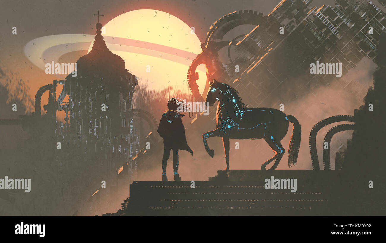 Der Mensch und seine mechanisierte Pferd stehend auf der Dachterrasse Gebäude in futuristischen Planeten, digital art Stil, Illustration Malerei Stockfoto