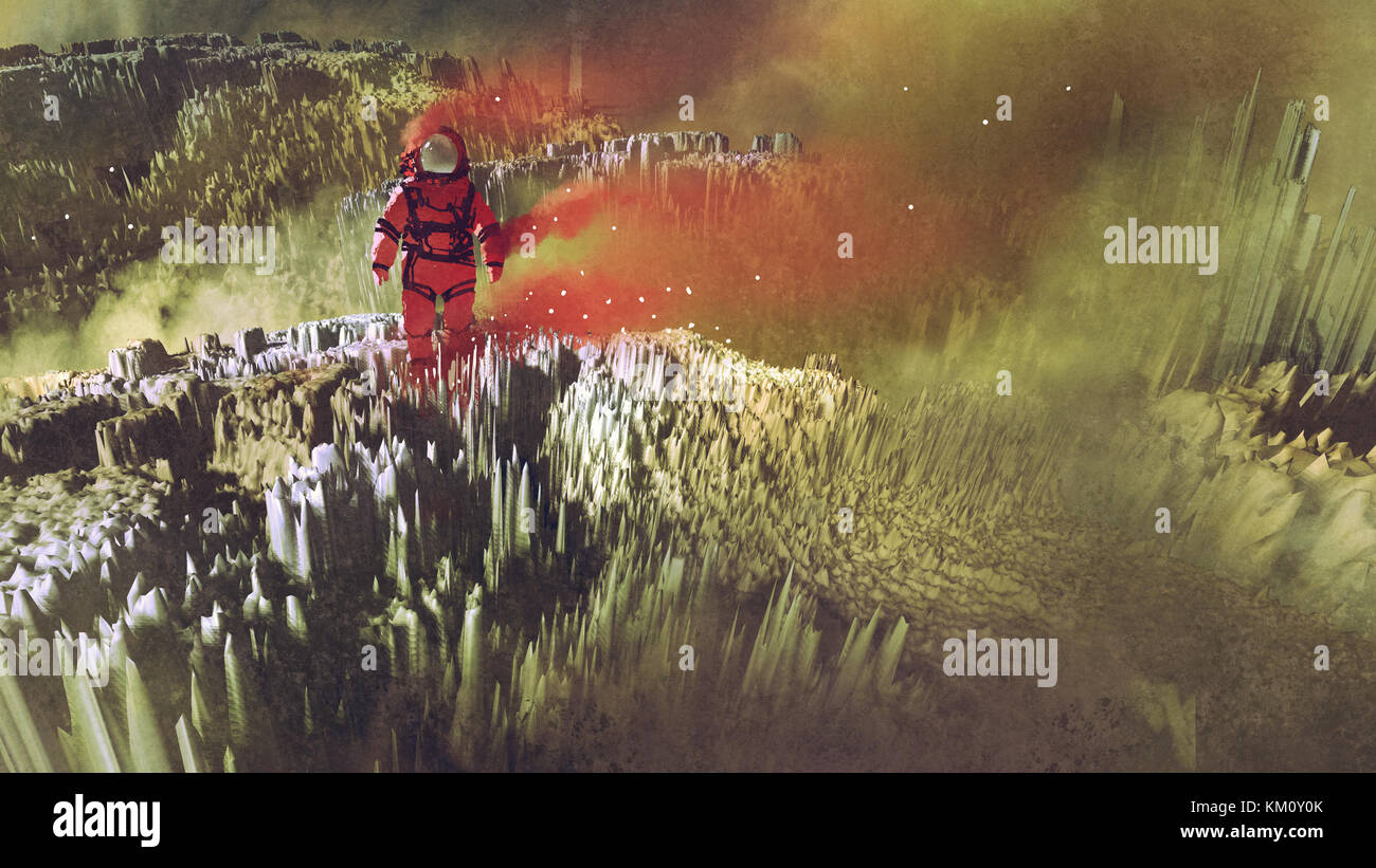 Surreale Sci-Fi Konzept der Red astronaut Wandern auf der Oberfläche des Planeten, digital art Stil, Illustration Malerei Stockfoto