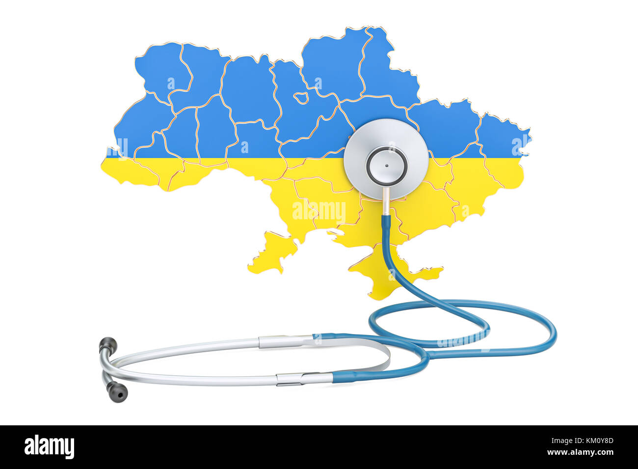 Ukrainische Karte mit Stethoskop, national Health Care Concept, 3D-Rendering Stockfoto