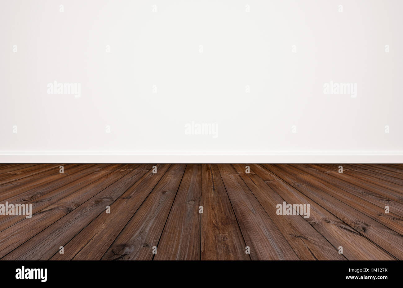 Dunklen Holzfußboden mit weißen Wand bakground Stockfoto