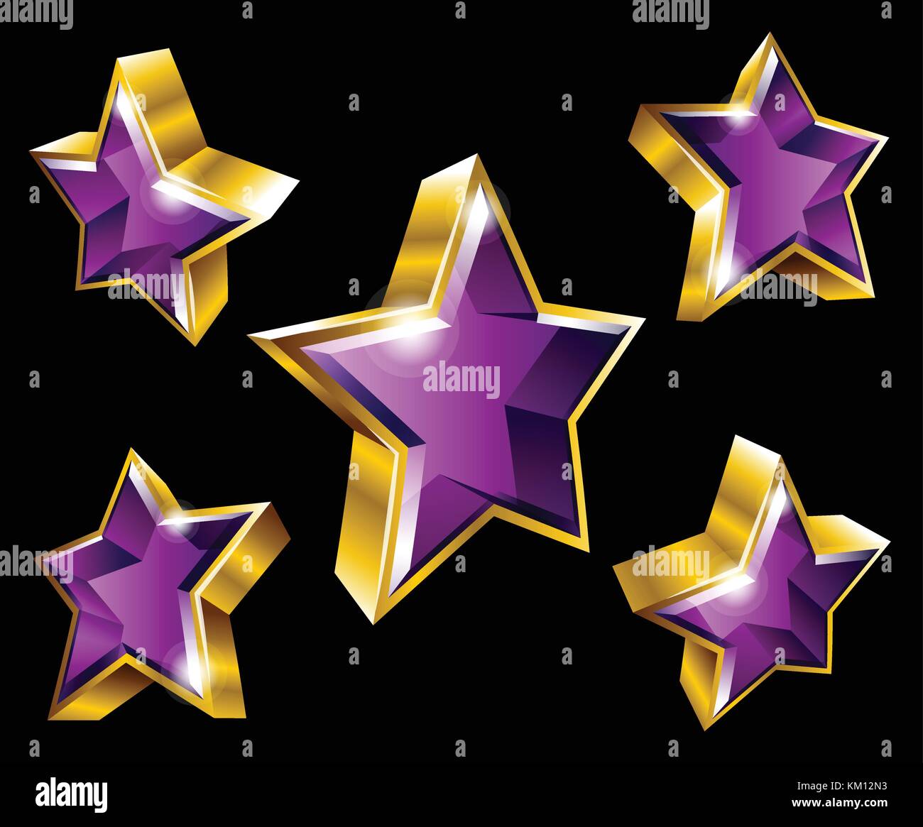 Vektor Gold Star Symbole in 3D-Stil mit verschiedenen Winkeln auf schwarzem Hintergrund Stock Vektor