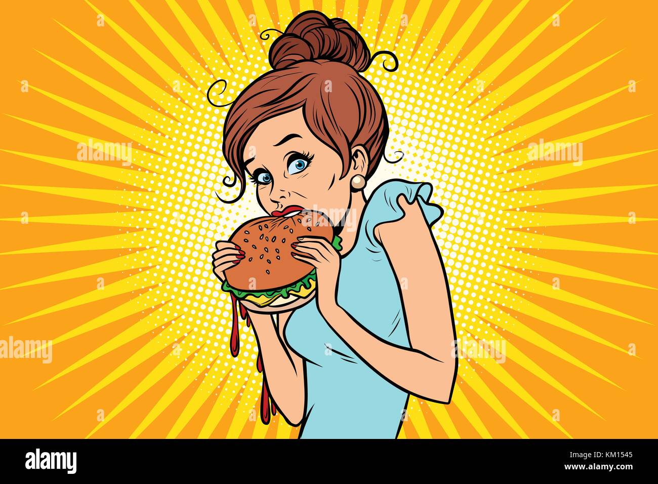 Overeating fast food. Frau heimlich einen Burger essen Stock Vektor