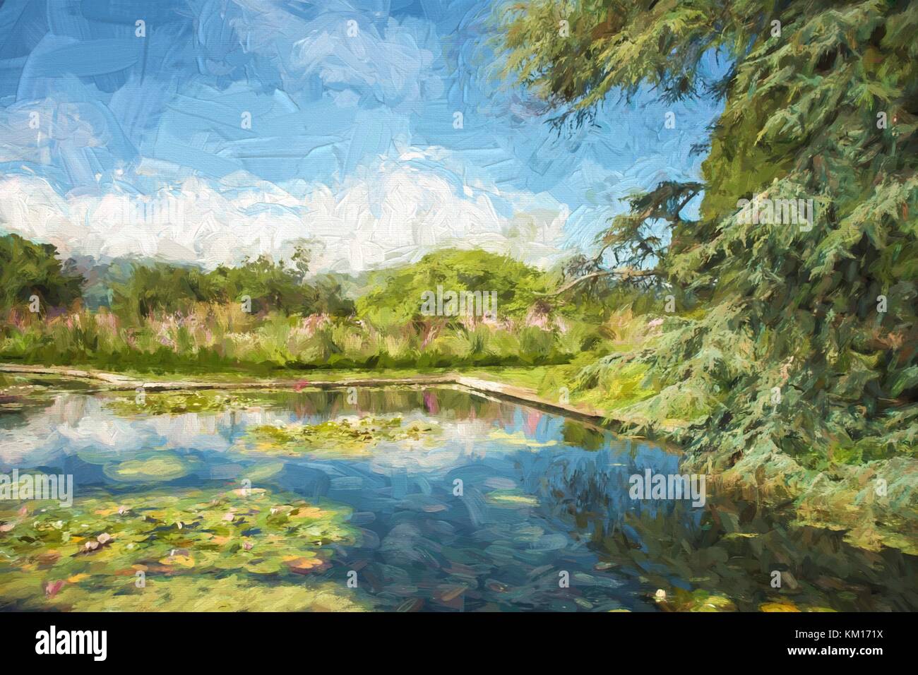 Teich in Bodnant Garden, Wales. impressionistischen Stil digitale Malerei Stockfoto