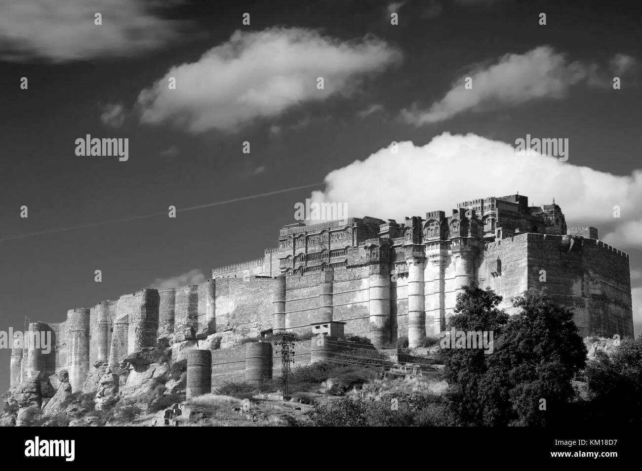 Schwarze und weiße Blick auf Mehrangarh Fort, Jodhpur, Rajasthan, Indien Stockfoto