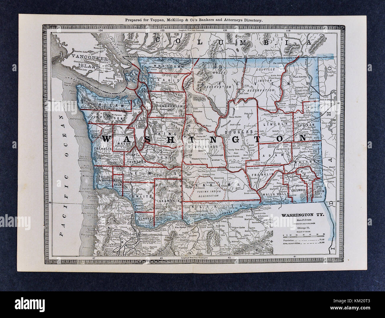 George Cram antike Karte von Atlas 1866 für Anwälte und Banker: Usa - Washington - Seattle Spokane Olympia Stockfoto