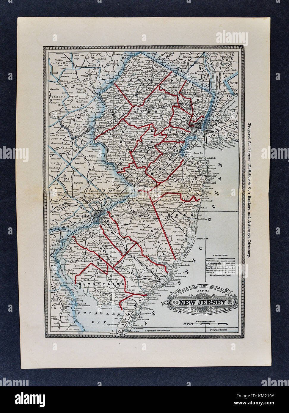 George Cram antike Karte von Atlas 1866 für Anwälte und Banker: USA - New Jersey - Newark Trenton Princeton Atlantic City Stockfoto