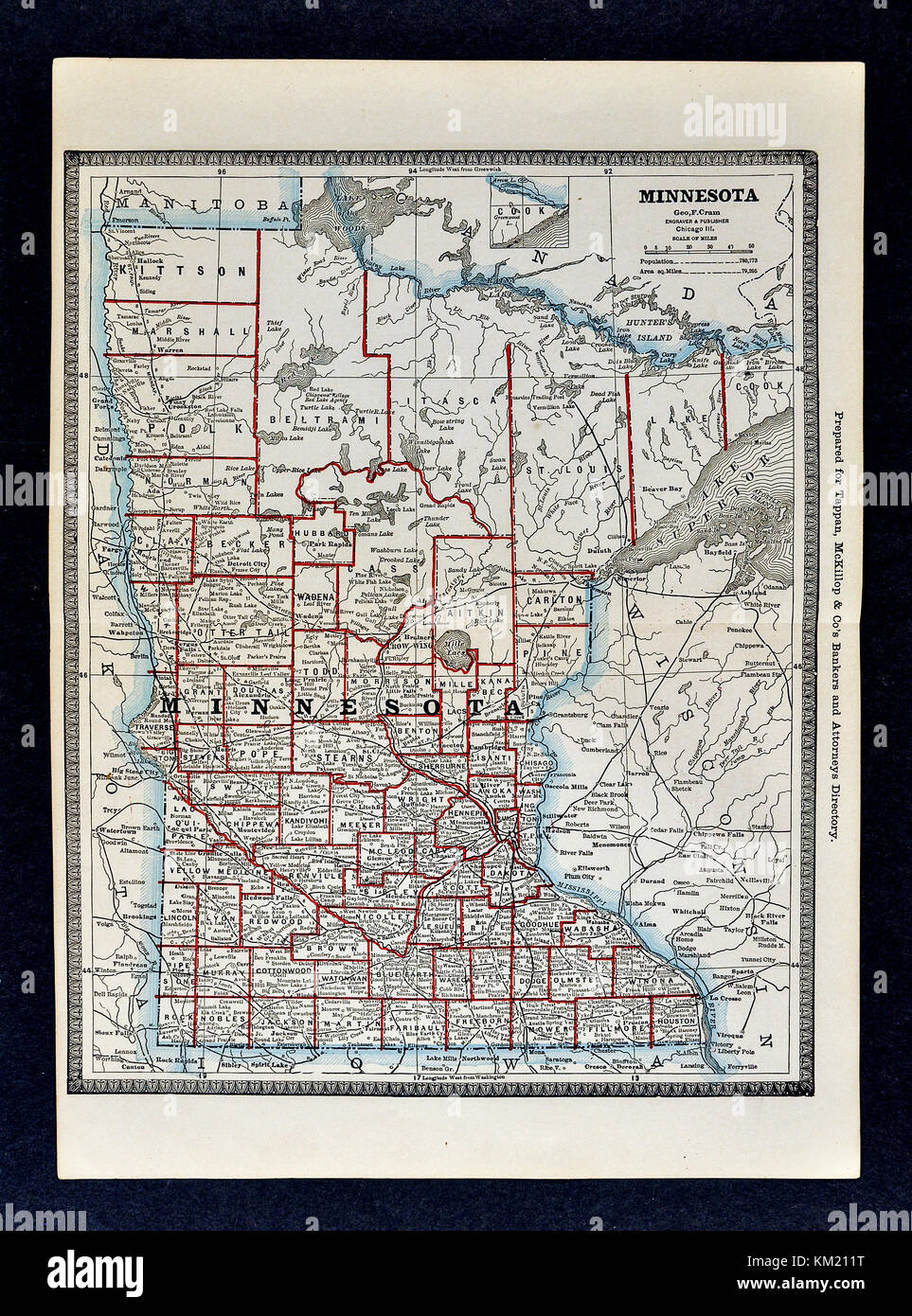 George Cram antike Karte von Atlas 1866 für Anwälte und Banker: Usa - Minnesota - Minneapolis St. Paul Duluth Stockfoto
