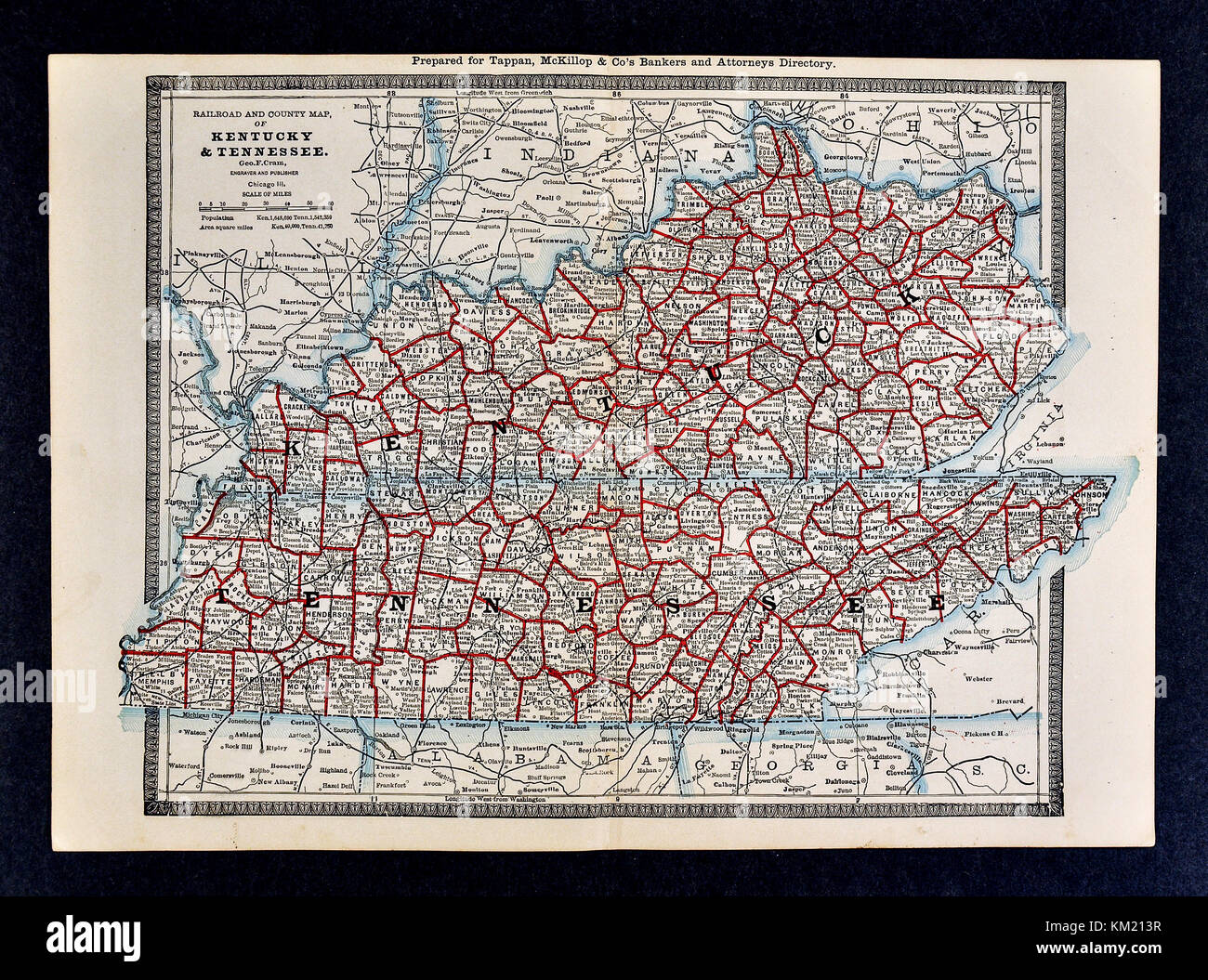 George Cram antike Karte von Atlas 1866 für Anwälte und Banker: USA - Kentucky und Tennessee - Frankfurt Louisville Lexington Memphis Nashville Knoxville Stockfoto