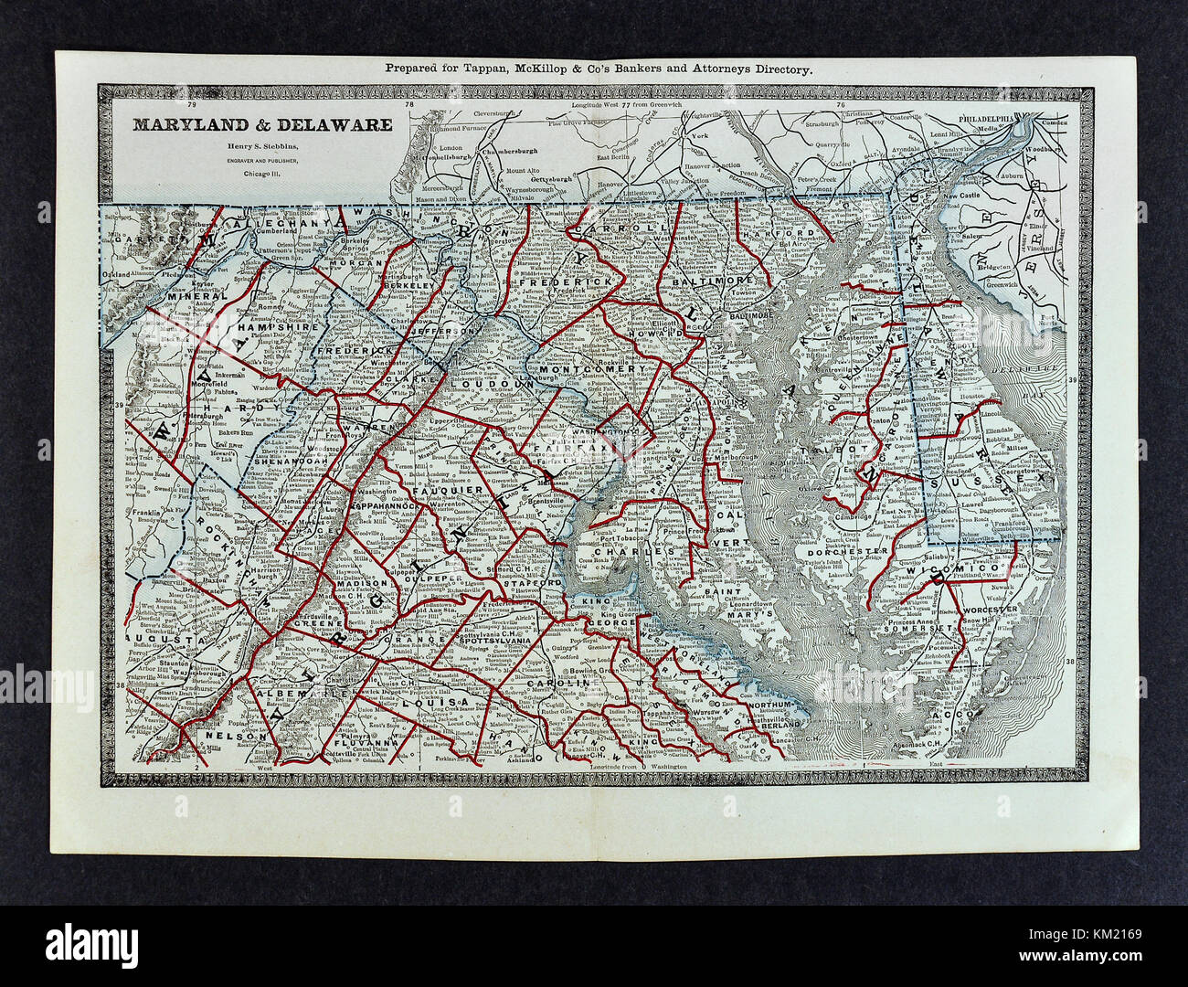 George Cram antike Karte von Atlas 1866 für Anwälte und Banker: Maryland Maryland Virginia Washington DC Baltimore - Vereinigte Staaten Stockfoto