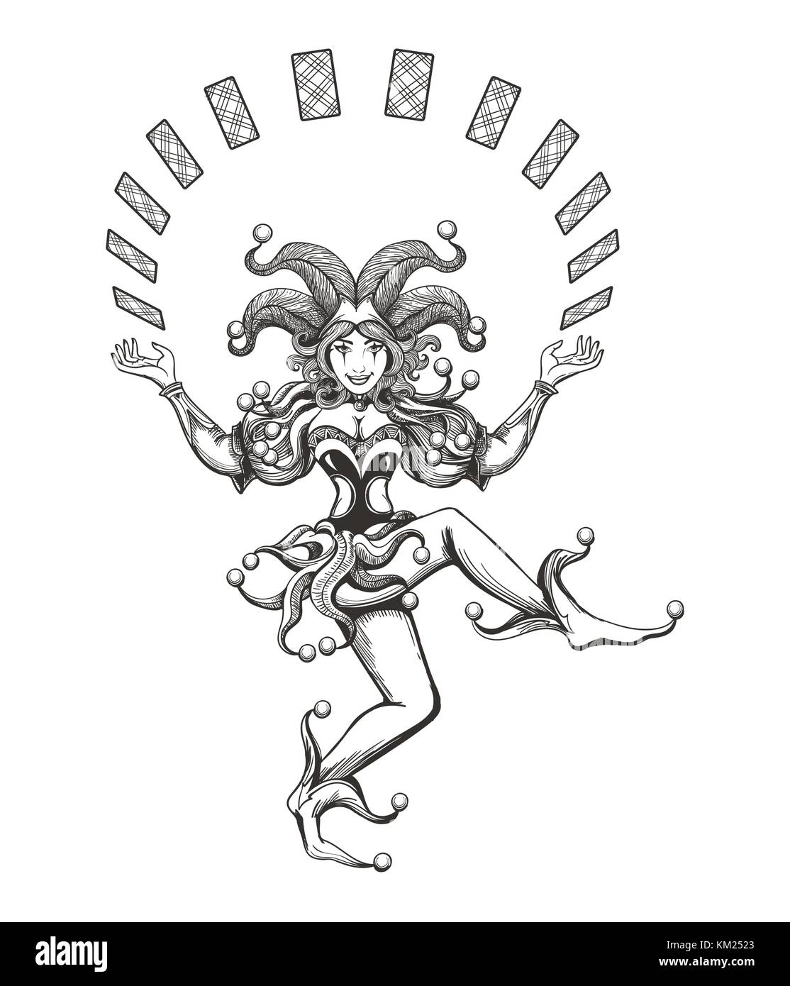 Dancing joker Girl jongliert mit Spielkarten im Tattoo Style isoliert auf weiß gezeichnet. Vector Illustration Stock Vektor