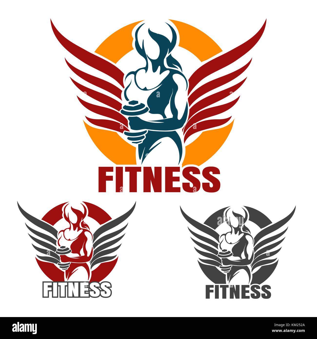 Bodybuilder trainieren oder Fitness Emblem gesetzt. winged athletische Frau hält Hantelset von in verschiedenen Farben, isoliert auf Weiss. Vector Illustration. Stock Vektor