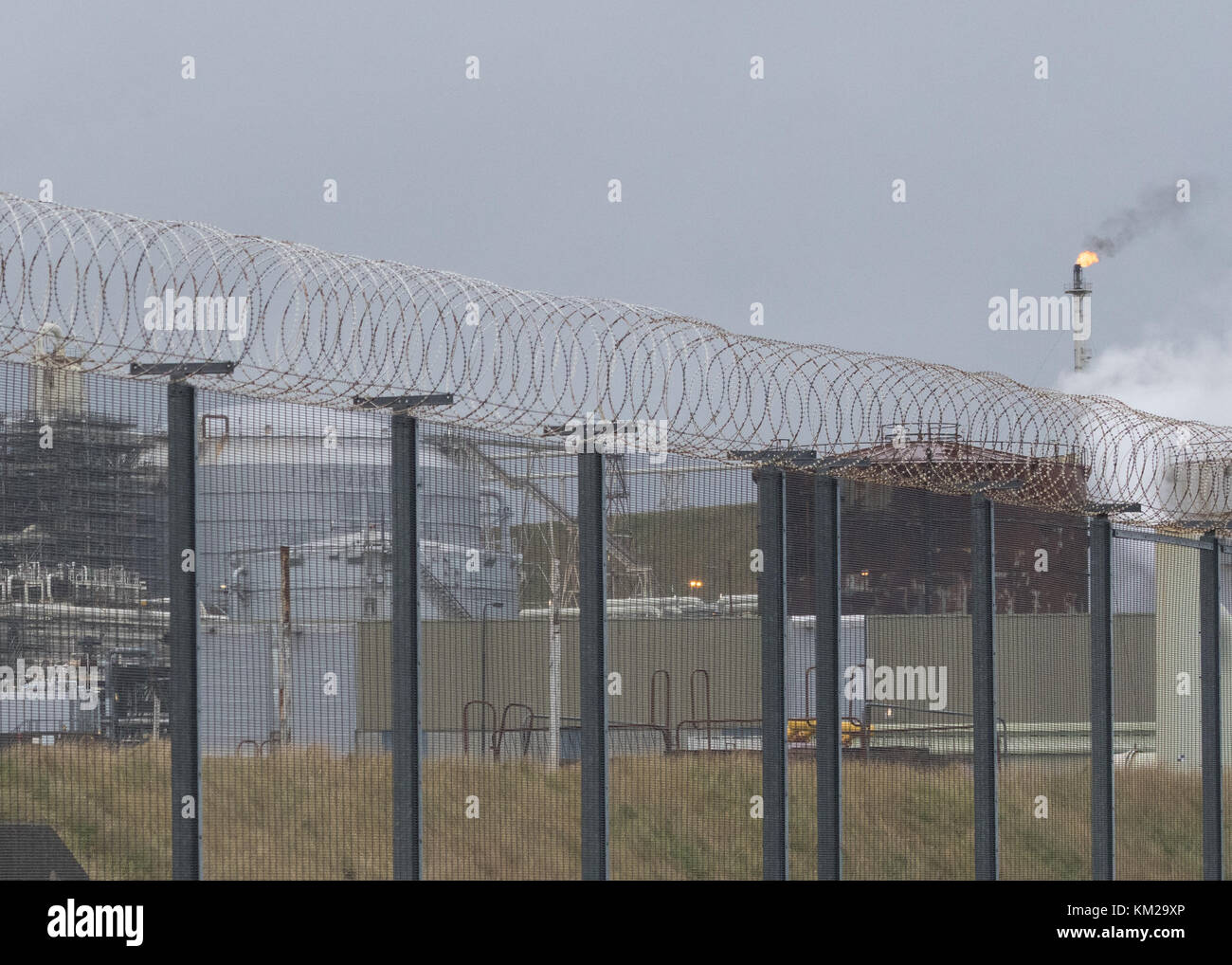 Sicherheitszaun mit Rasierdraht am Sullom Voe Oil Terminal, Shetland Islands, Schottland, Großbritannien Stockfoto