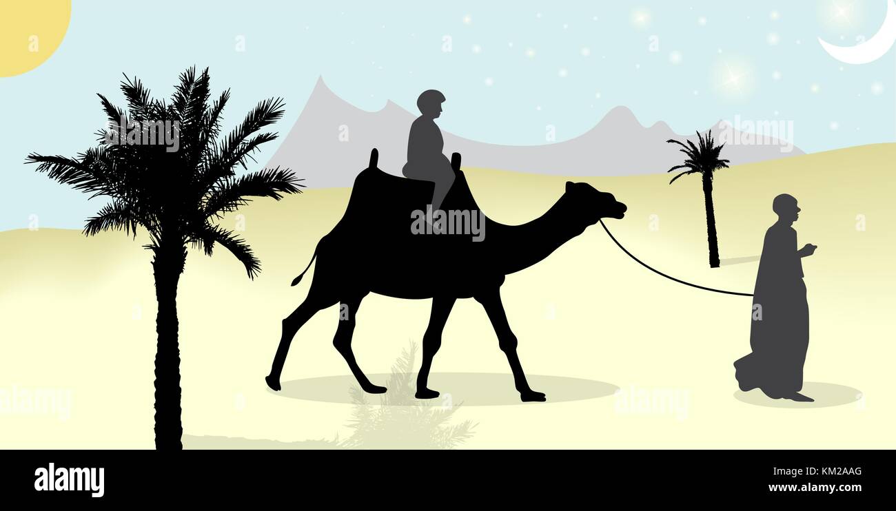 Silhouette von Caravan mit Menschen und Kamele durch die Wüste mit Palmen bei Tag und Nacht wandern. Vector Illustration. Stock Vektor