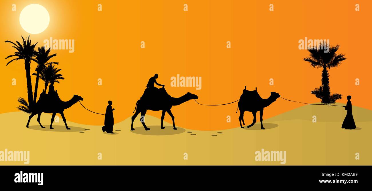 Silhouette von Caravan mit Menschen und Kamele durch die Wüste mit Palmen bei Tag und Nacht wandern. Vector Illustration. Stock Vektor