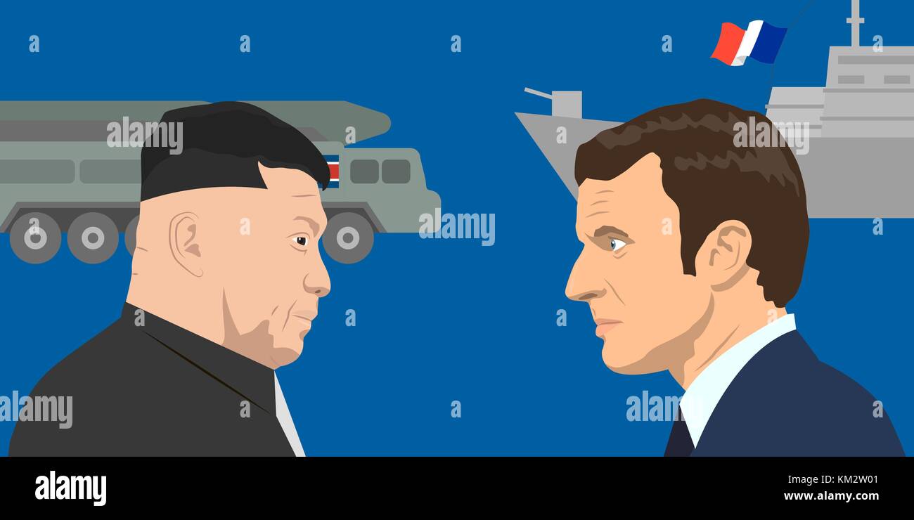 02.12.2017 Editorial illiustration der Französischen Republik Präsident Emmanuel längestrich und der Oberste Führer Nordkoreas Kim Jong-un auf militärische Stock Vektor