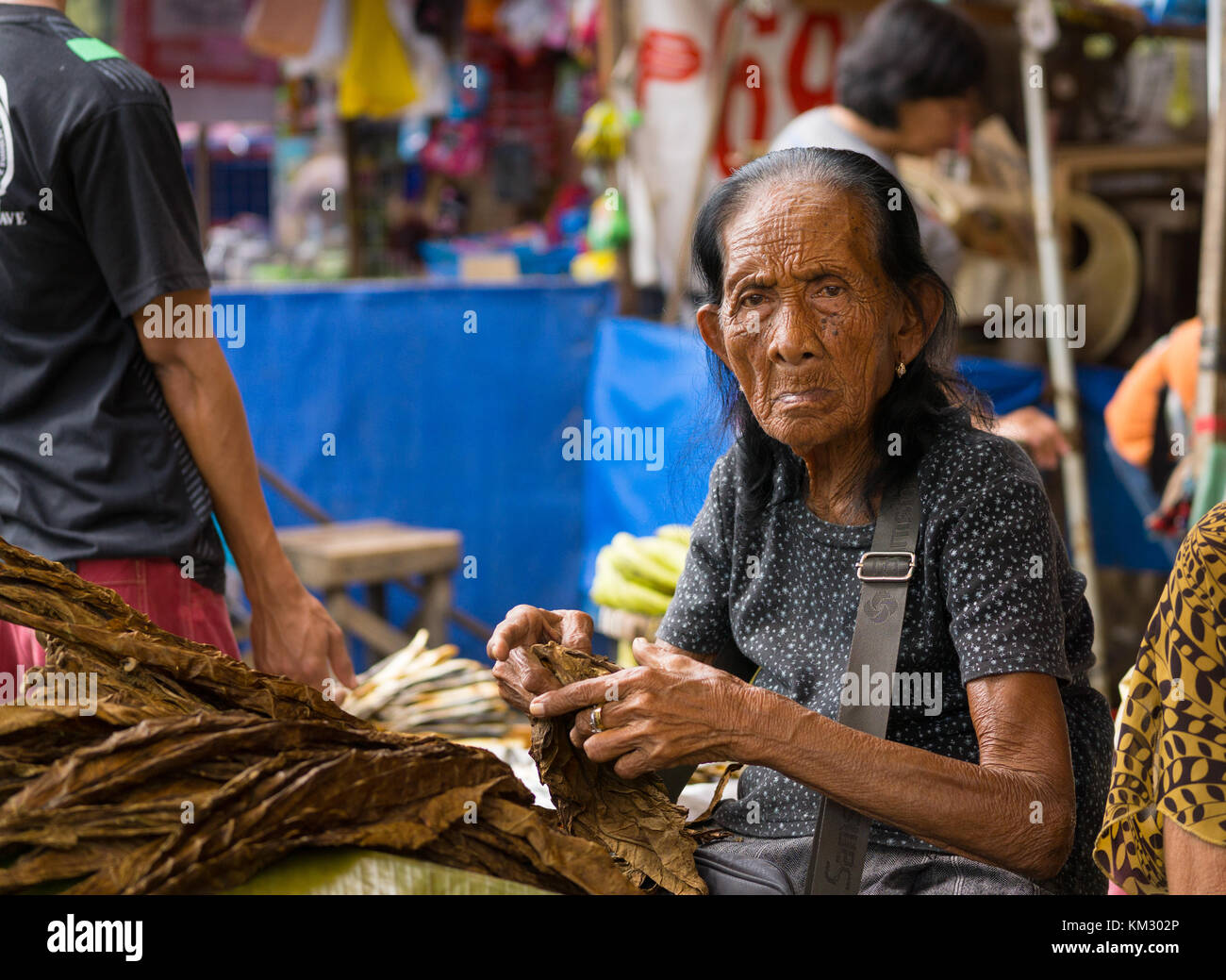 Elderley Frau im CO2-Markt, Cebu City verkaufen Tabak Blätter Stockfoto