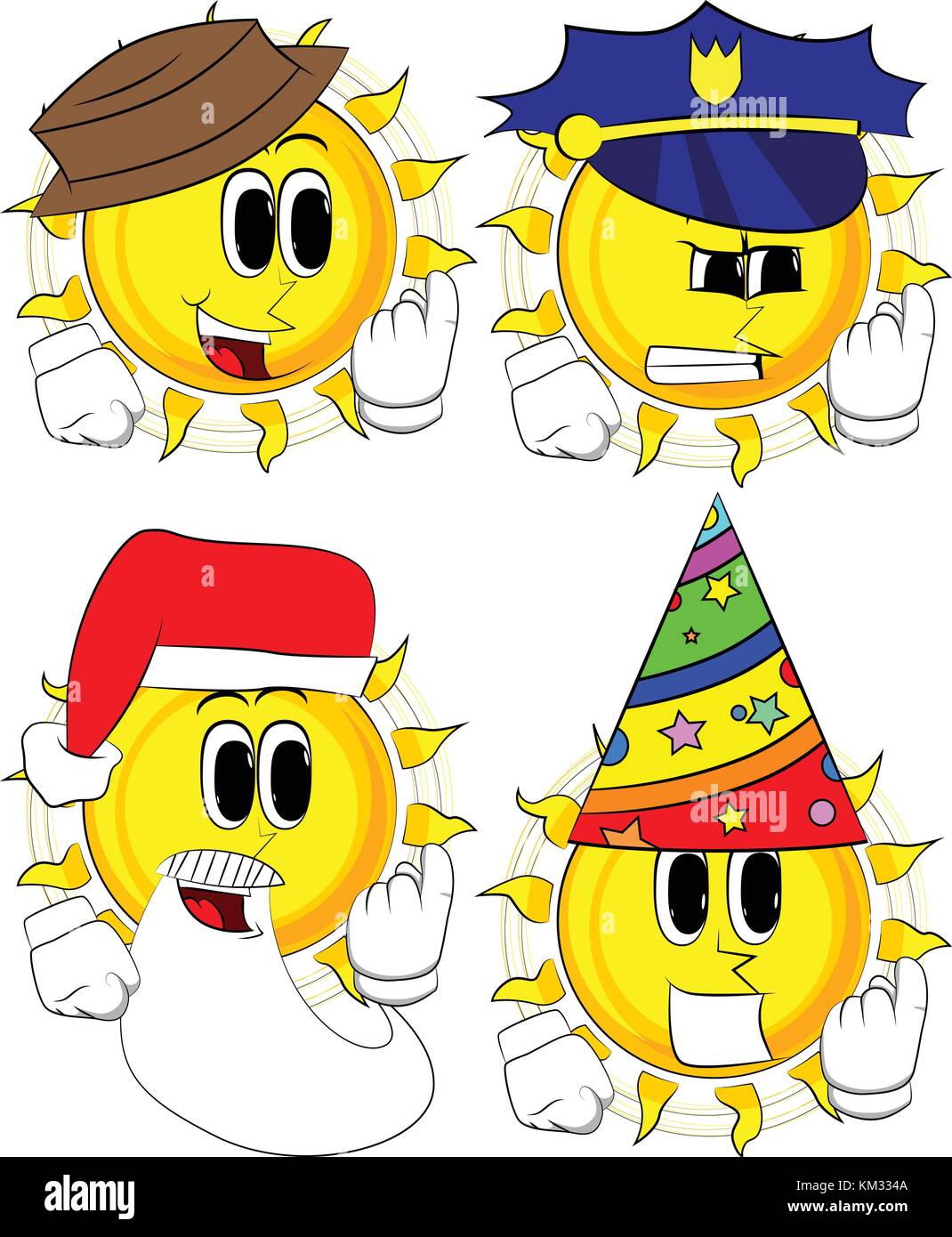 Cartoon Sonne lädt es zu kommen. Sammlung mit Kostüm. Ausdrücke Vektor einrichten. Stock Vektor