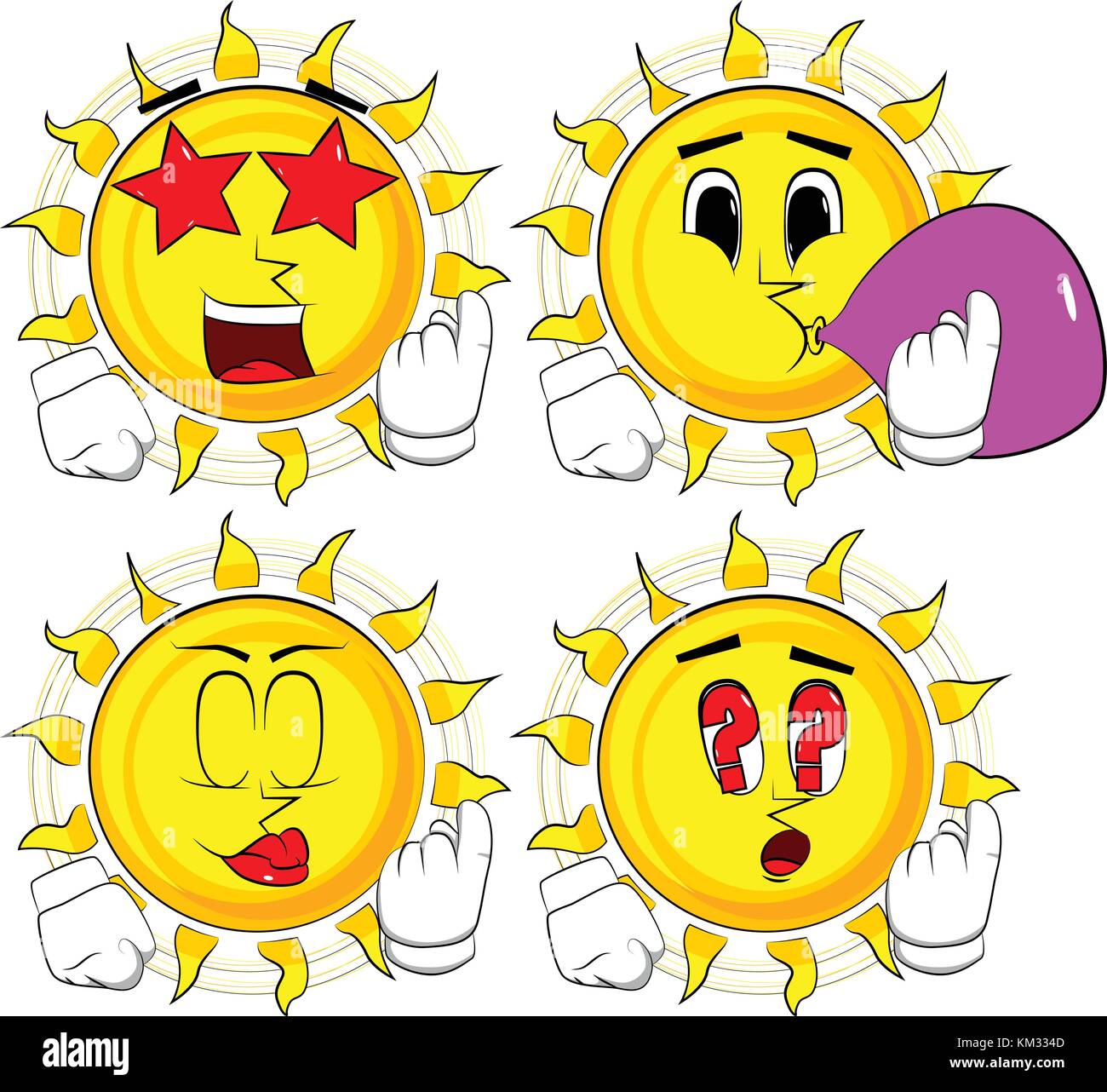 Cartoon Sonne lädt es zu kommen. Sammlung mit verschiedenen Gesichtsausdrücke. Vektor einrichten. Stock Vektor