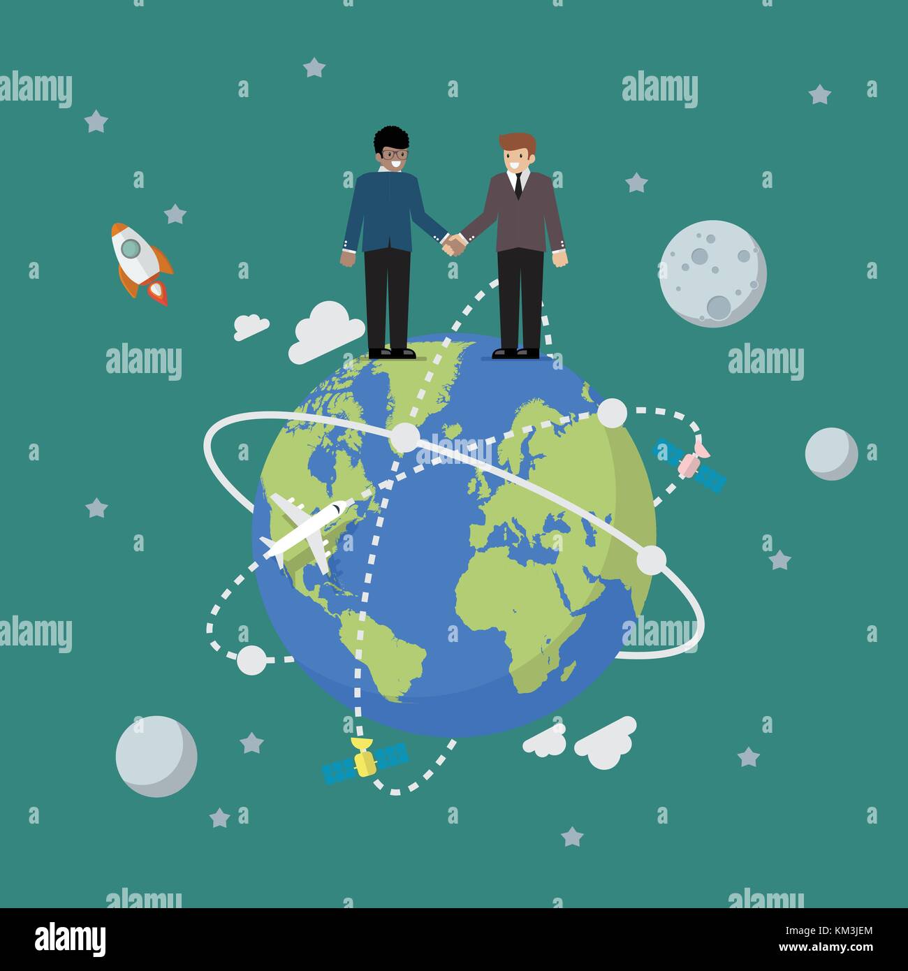 Geschäft Leute die Hände schütteln auf Globus. Vector Illustration Stock Vektor