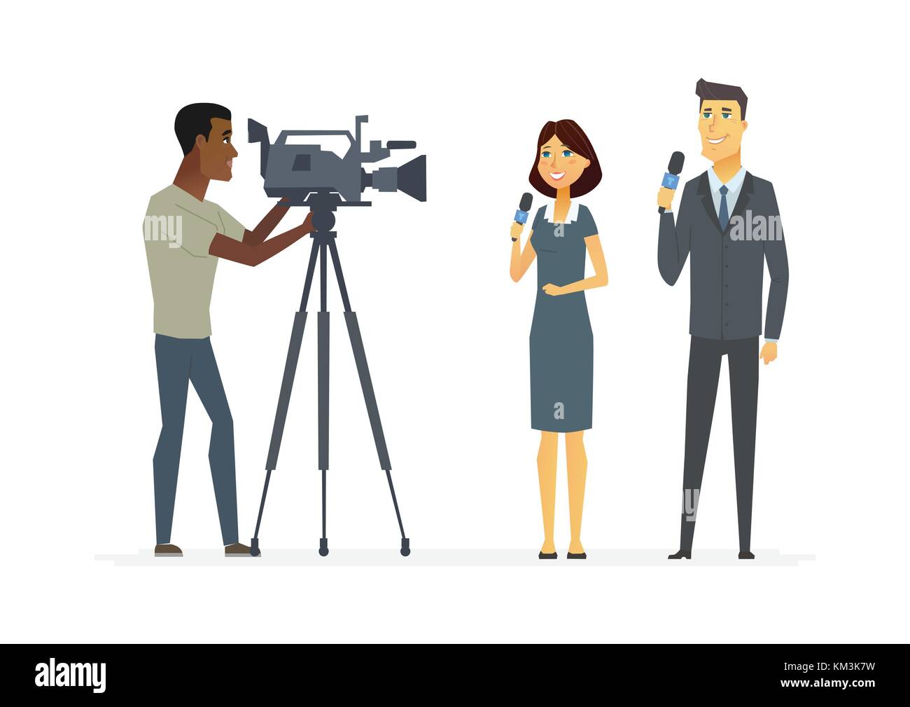 Tv-Moderatoren-cartoon Menschen Zeichen Abbildung auf weißem Hintergrund. Junge gut aussehende lächelnd Reporter holding Mikrofone und ein Ca Stock Vektor