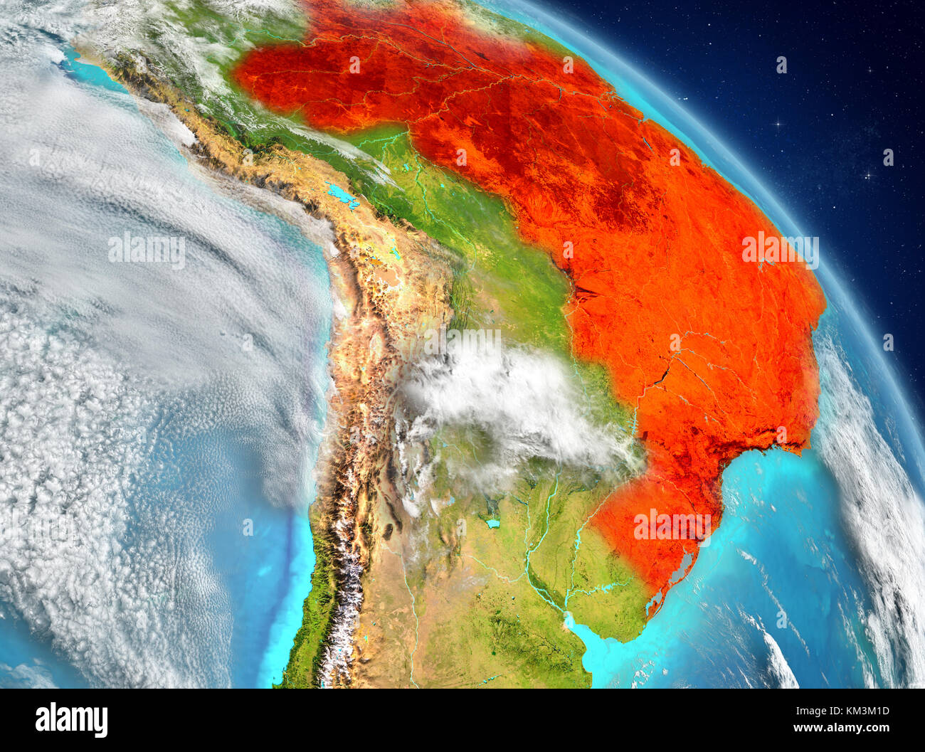Abbildung Brasiliens aus der Erdumlaufbahn. 3D-Abbildung. Elemente dieses Bildes, bereitgestellt von der NASA. Stockfoto