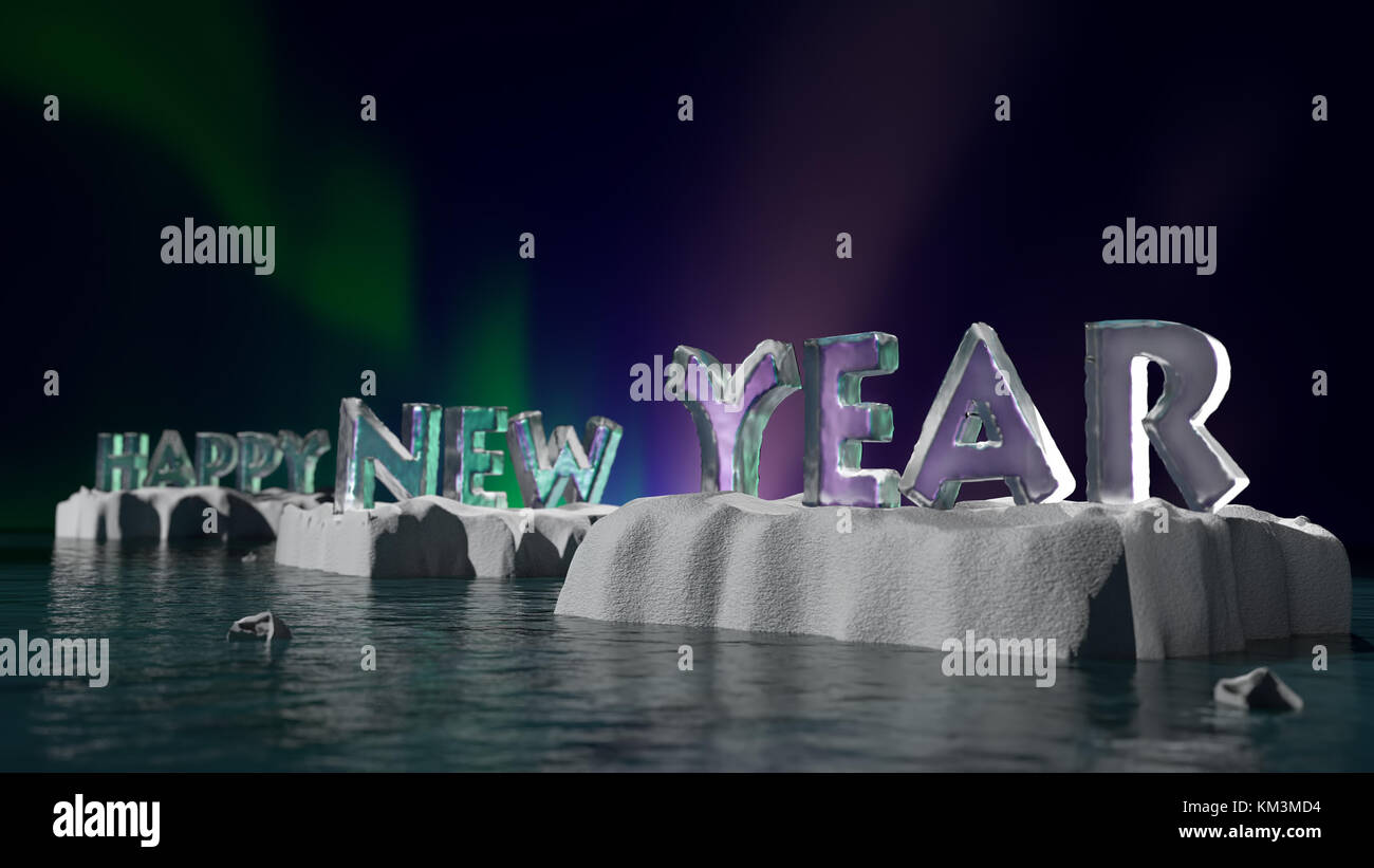 3D-Rendering der eisigen Frohes neues Jahr Worte auf Eisschollen schwimmen auf der Meeresoberfläche gegen Aurora borealis Sky Stockfoto