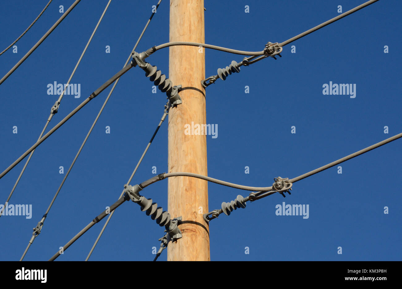 Nahaufnahme der brandneue Holz Pole und Stromleitungen in neue Entwicklung mit Isolatoren gegen den blauen Himmel Stockfoto